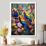Three Parrots In Tropical Flower Jungle - Parrot Framed Canvas Art