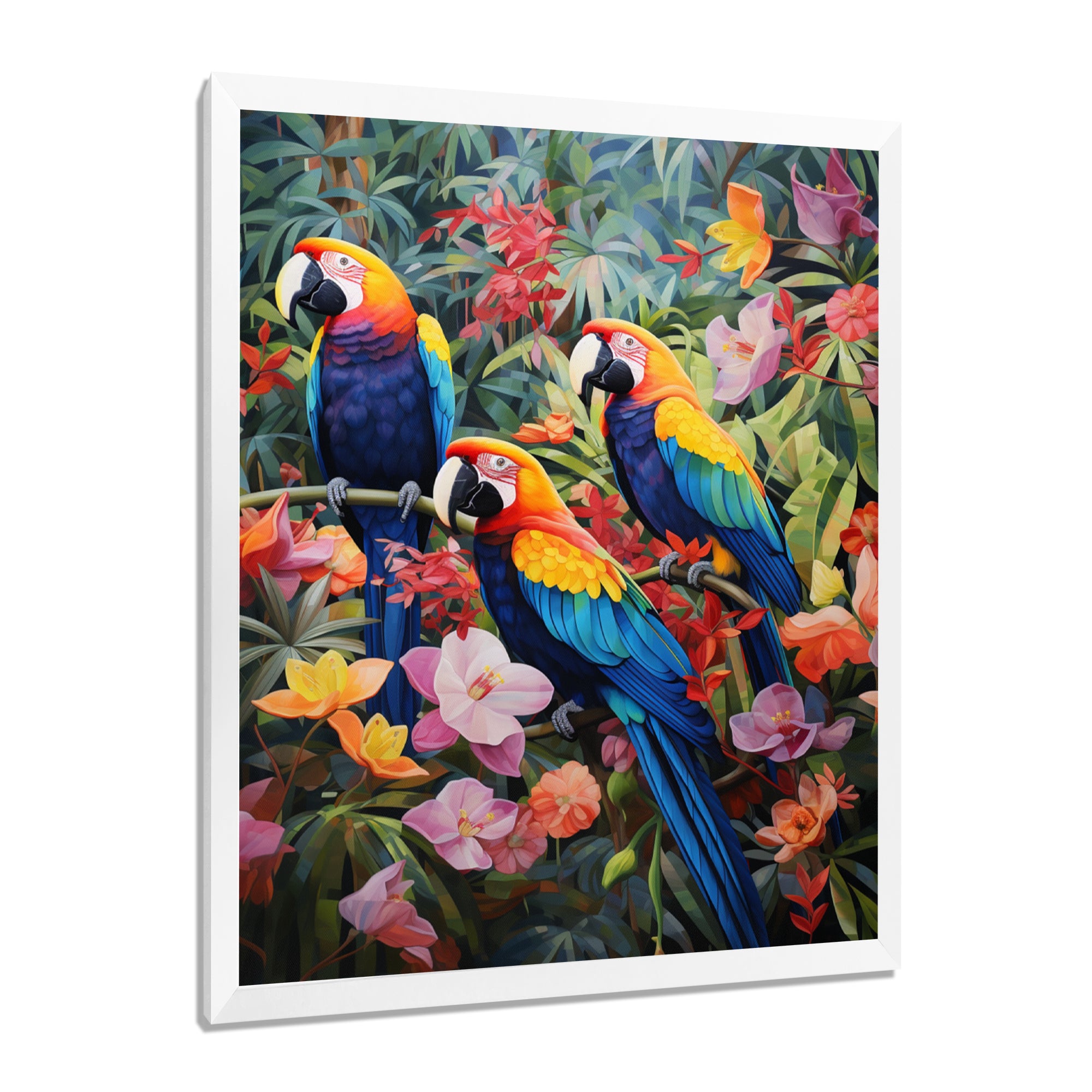Three Parrots In Tropical Flower Jungle - Parrot Framed Canvas Art