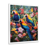 Three Parrots In Tropical Flower Jungle - Parrot Framed Canvas Art