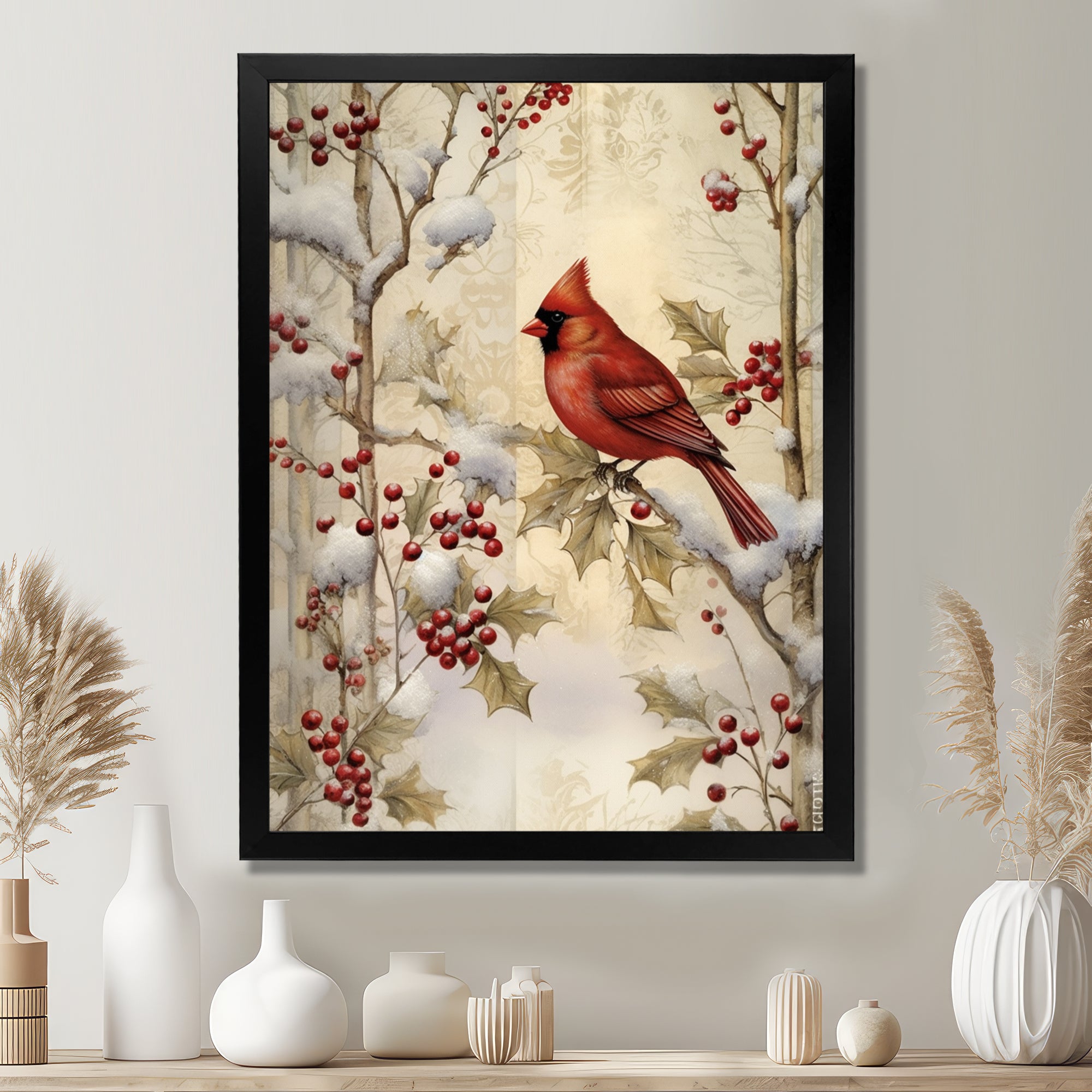 Red Cardinal Bird On Branch Christmas Wood - Bird Large Canvas Wall Art