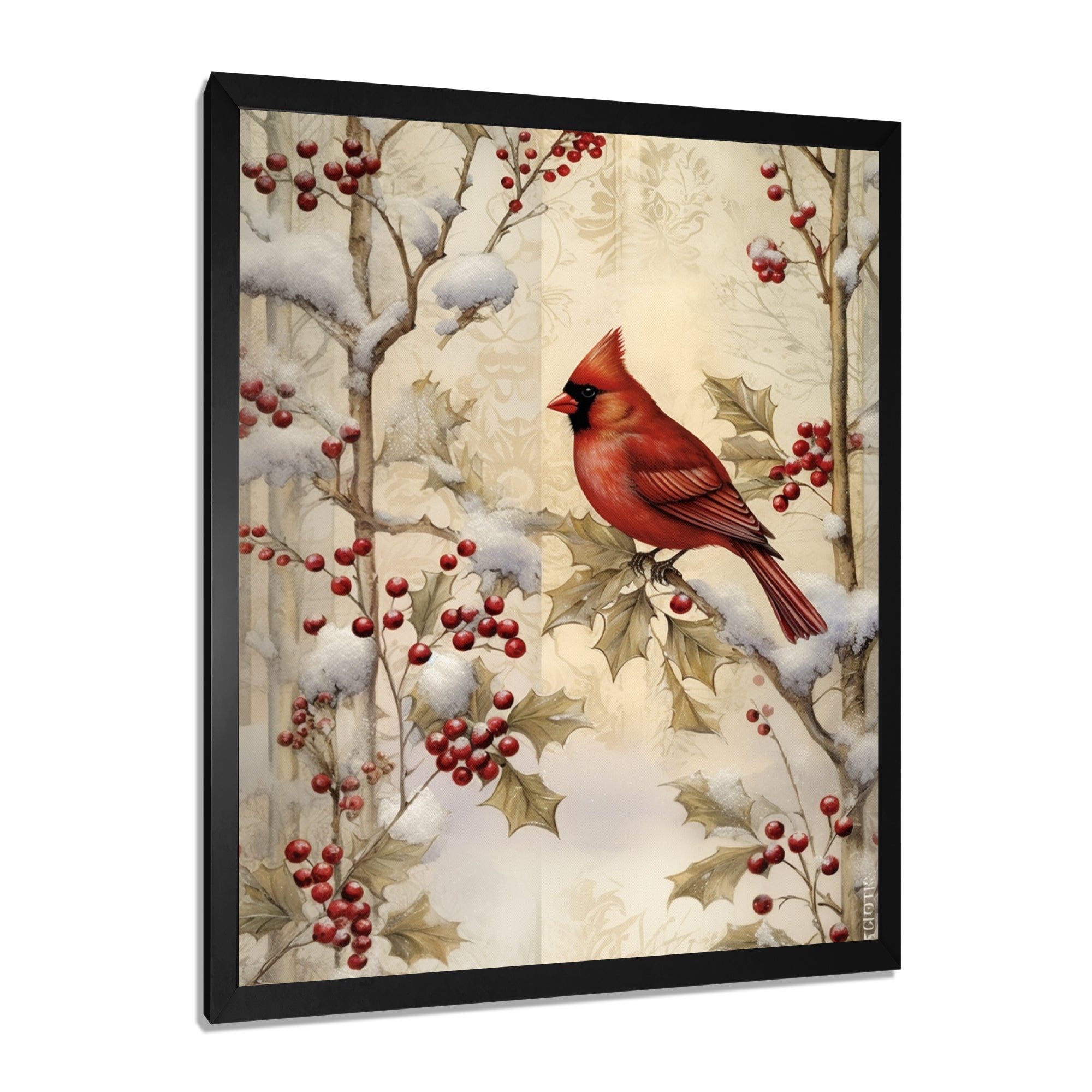 Red Cardinal Bird On Branch Christmas Wood - Bird Large Canvas Wall Art