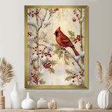 Red Cardinal Bird On Branch Christmas Wood - Bird Large Canvas Wall Art