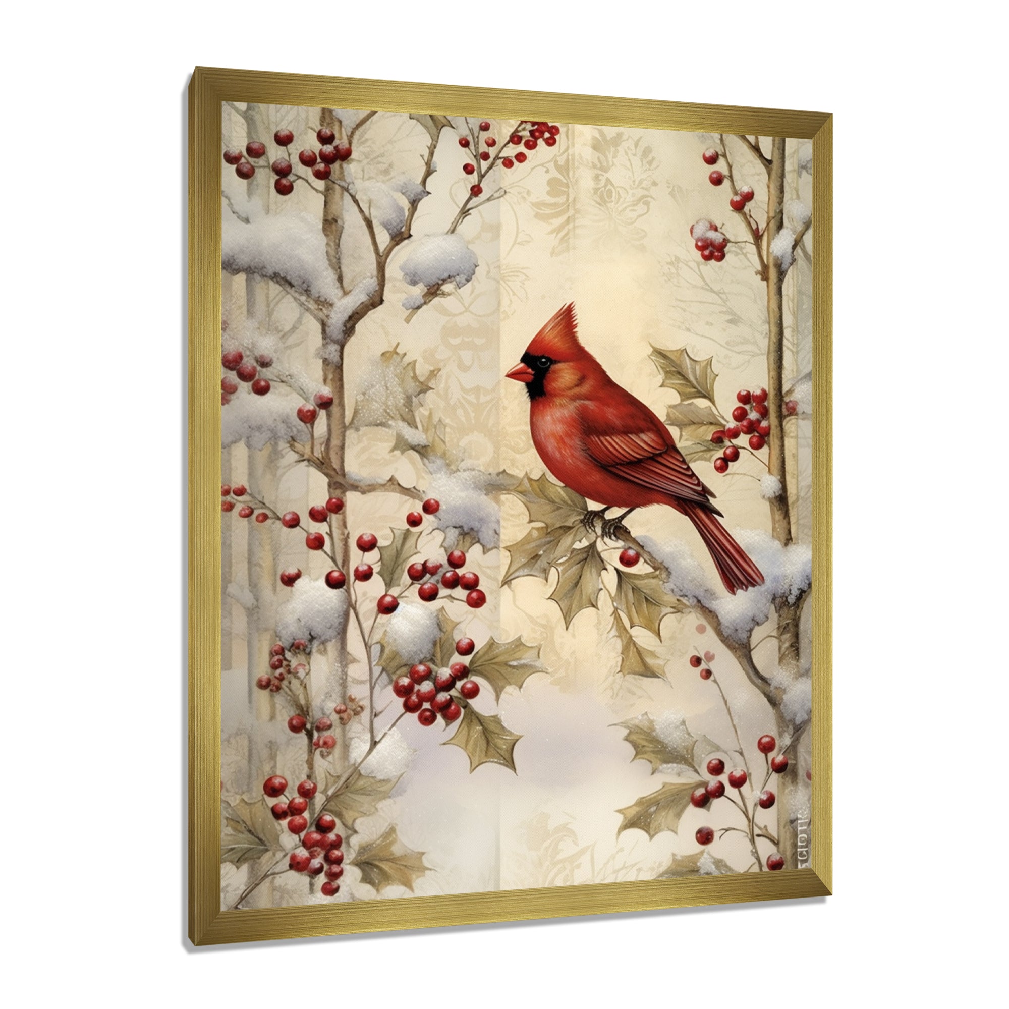 Red Cardinal Bird On Branch Christmas Wood - Bird Large Canvas Wall Art