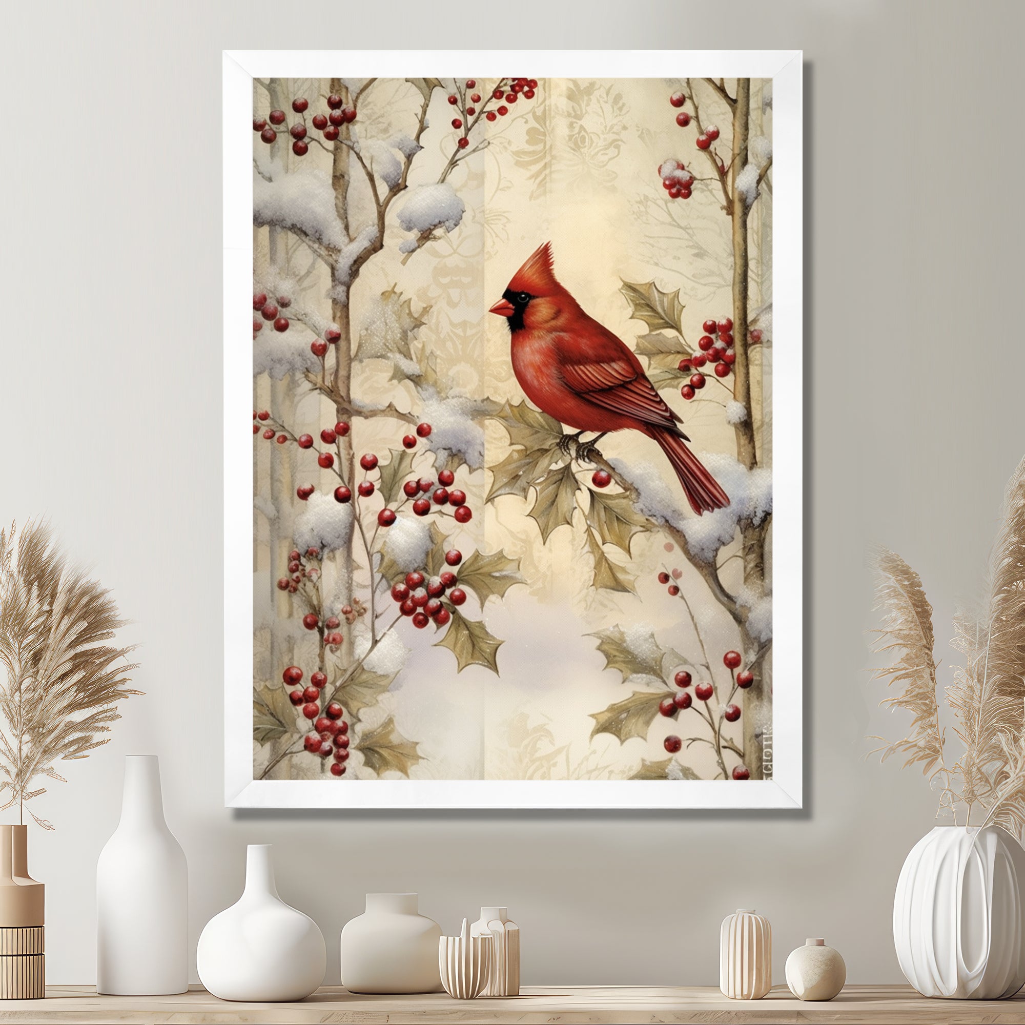Red Cardinal Bird On Branch Christmas Wood - Bird Large Canvas Wall Art