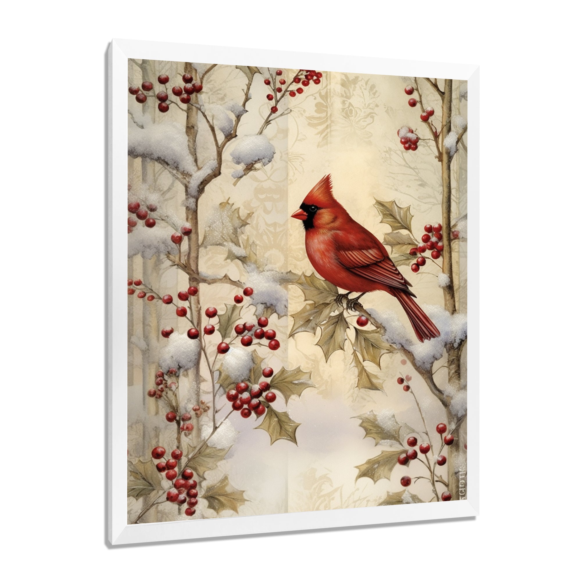 Red Cardinal Bird On Branch Christmas Wood - Bird Large Canvas Wall Art