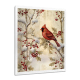 Red Cardinal Bird On Branch Christmas Wood - Bird Large Canvas Wall Art
