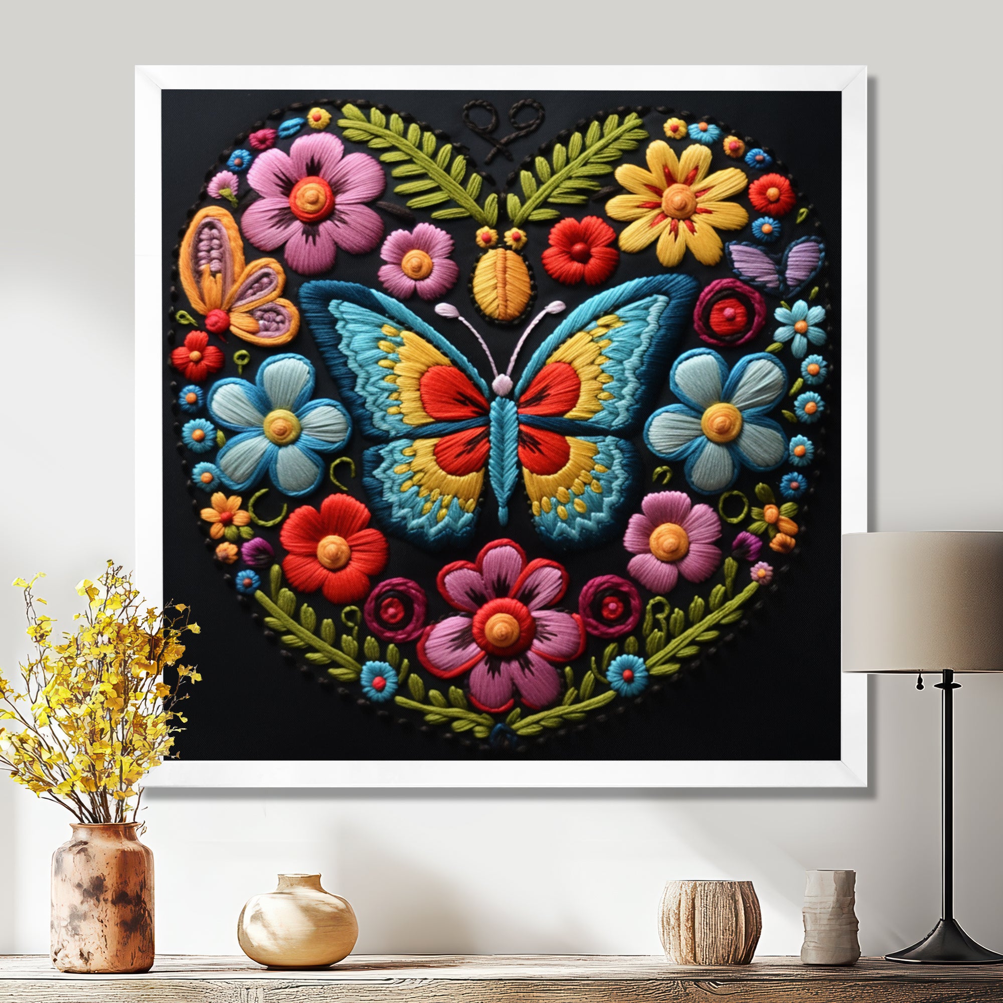 Floral Boho Papillon Embroidery - Butterfly Wall Decor