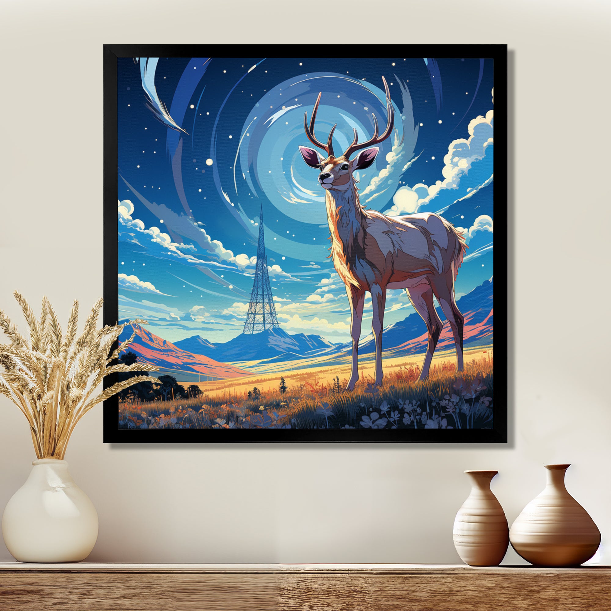 Nocturnal Deer On The Prairie - Blue Deer Landscape Mountains Wall Art
