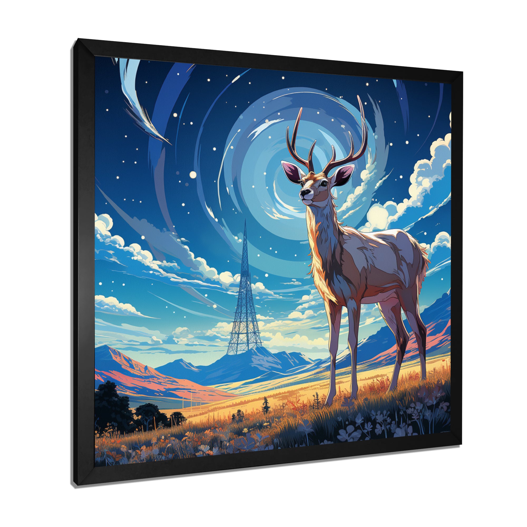 Nocturnal Deer On The Prairie - Blue Deer Landscape Mountains Wall Art