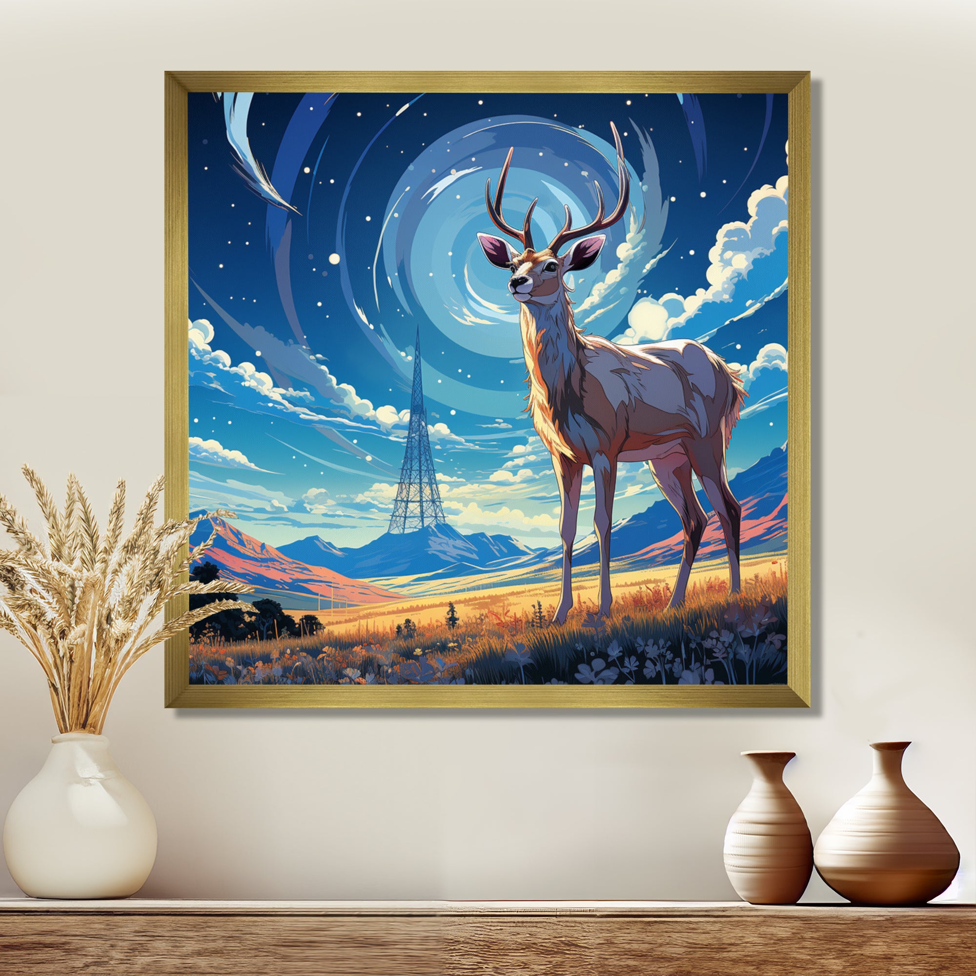 Nocturnal Deer On The Prairie - Blue Deer Landscape Mountains Wall Art