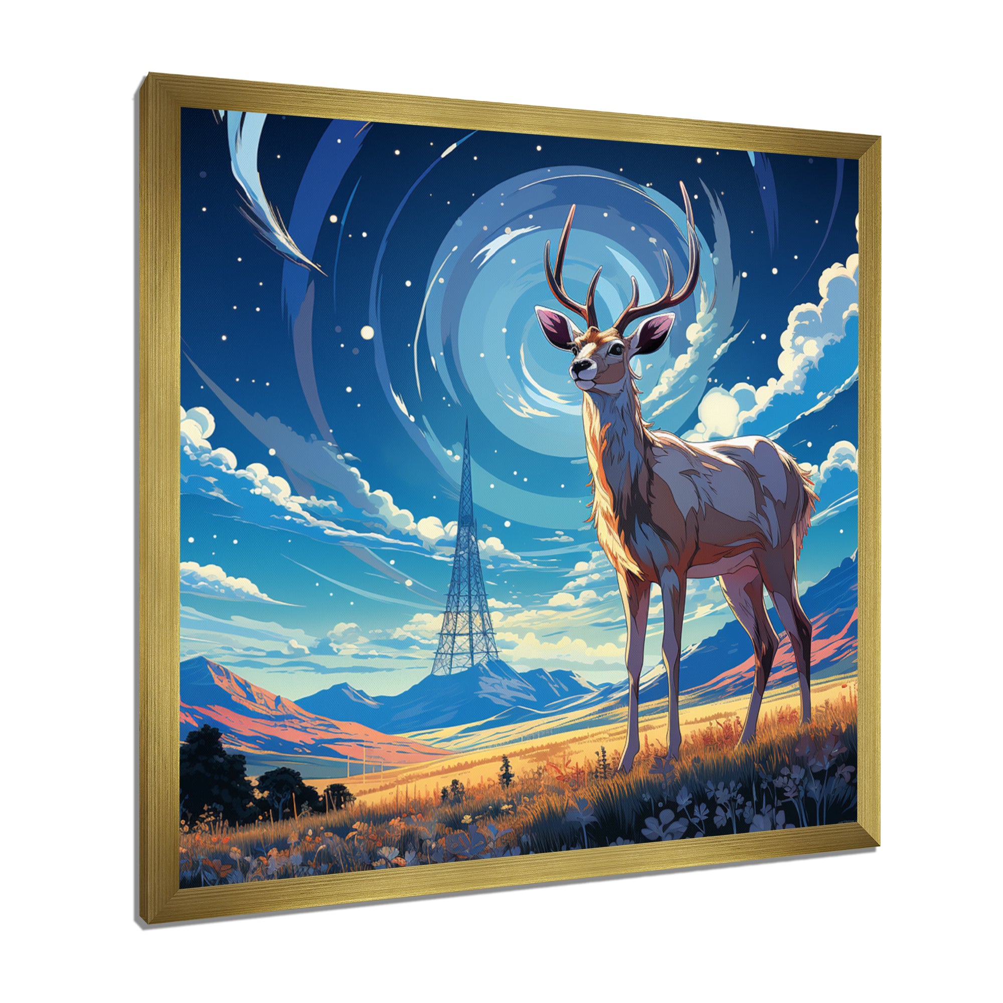 Nocturnal Deer On The Prairie - Blue Deer Landscape Mountains Wall Art