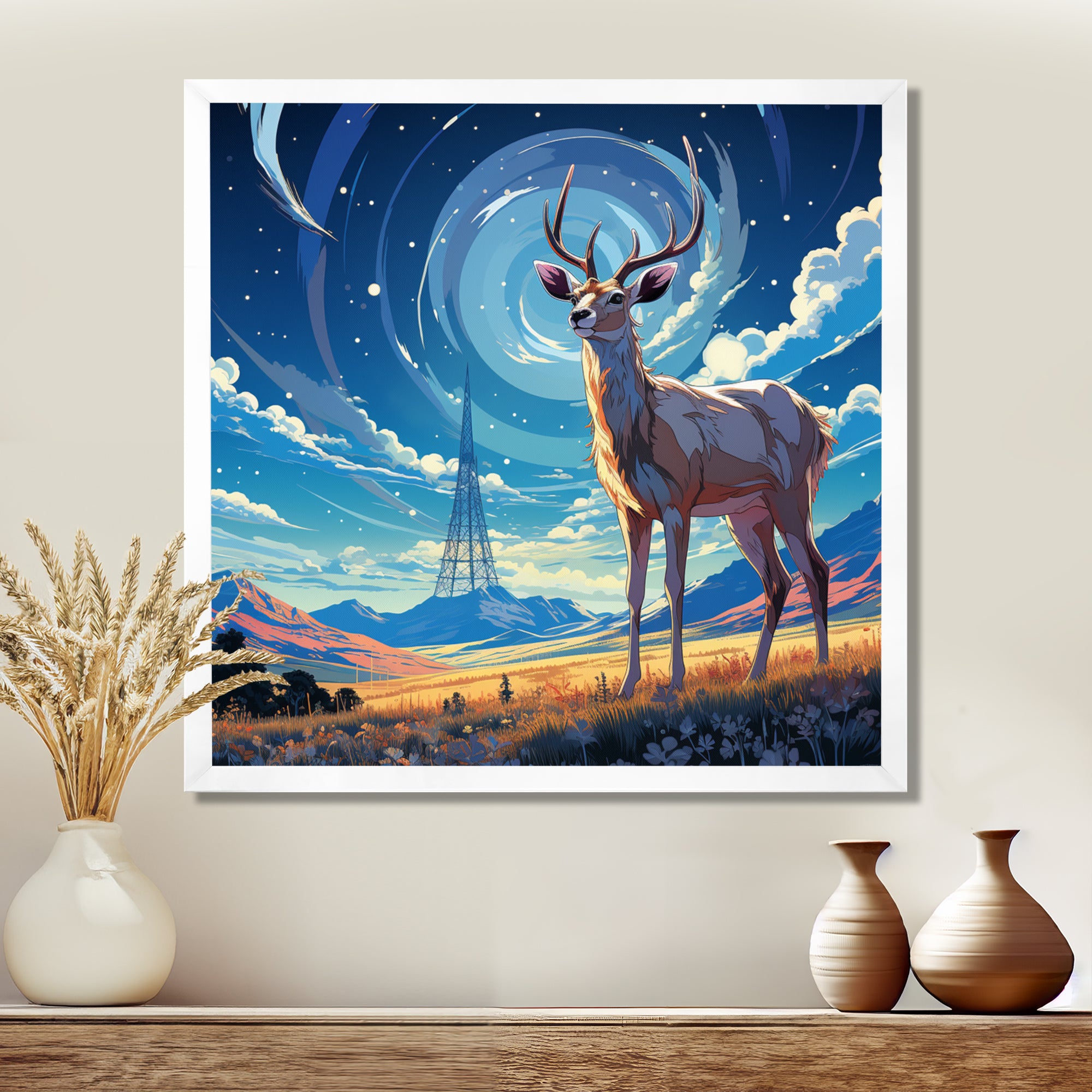 Nocturnal Deer On The Prairie - Blue Deer Landscape Mountains Wall Art