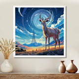 Nocturnal Deer On The Prairie - Blue Deer Landscape Mountains Wall Art