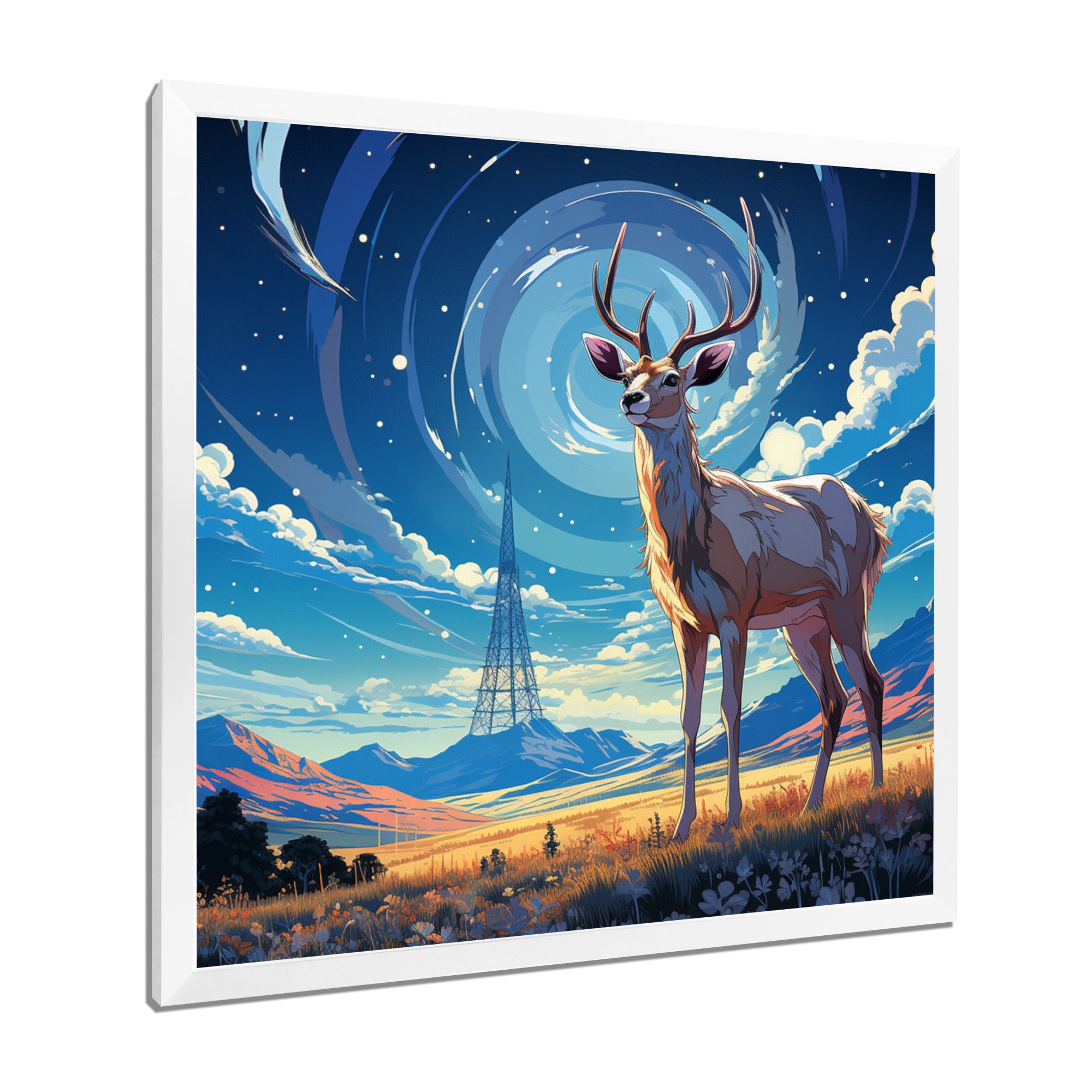 Nocturnal Deer On The Prairie - Blue Deer Landscape Mountains Wall Art