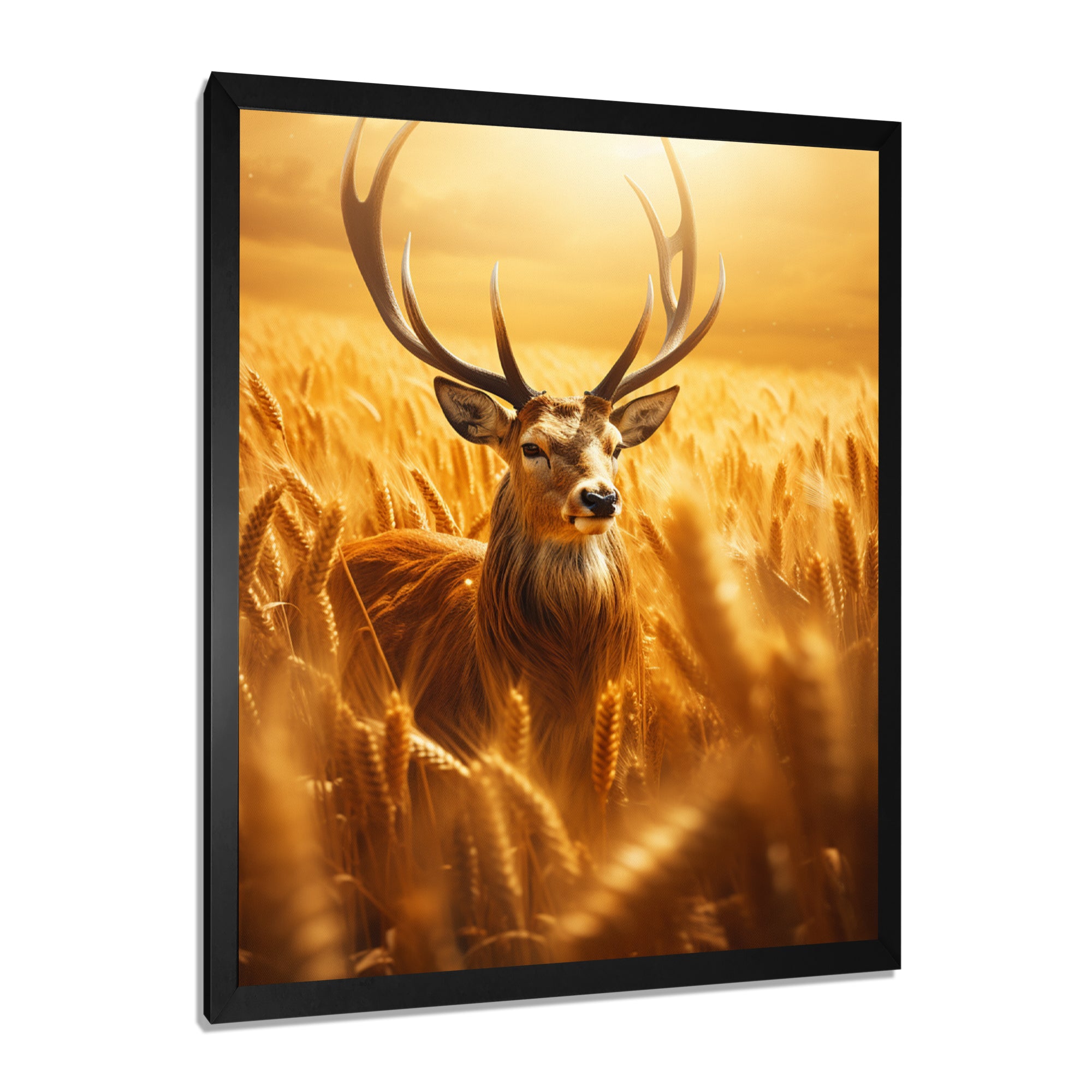Noble Dear In Summer Wheatfields - Deer Landscape Framed Canvas Art