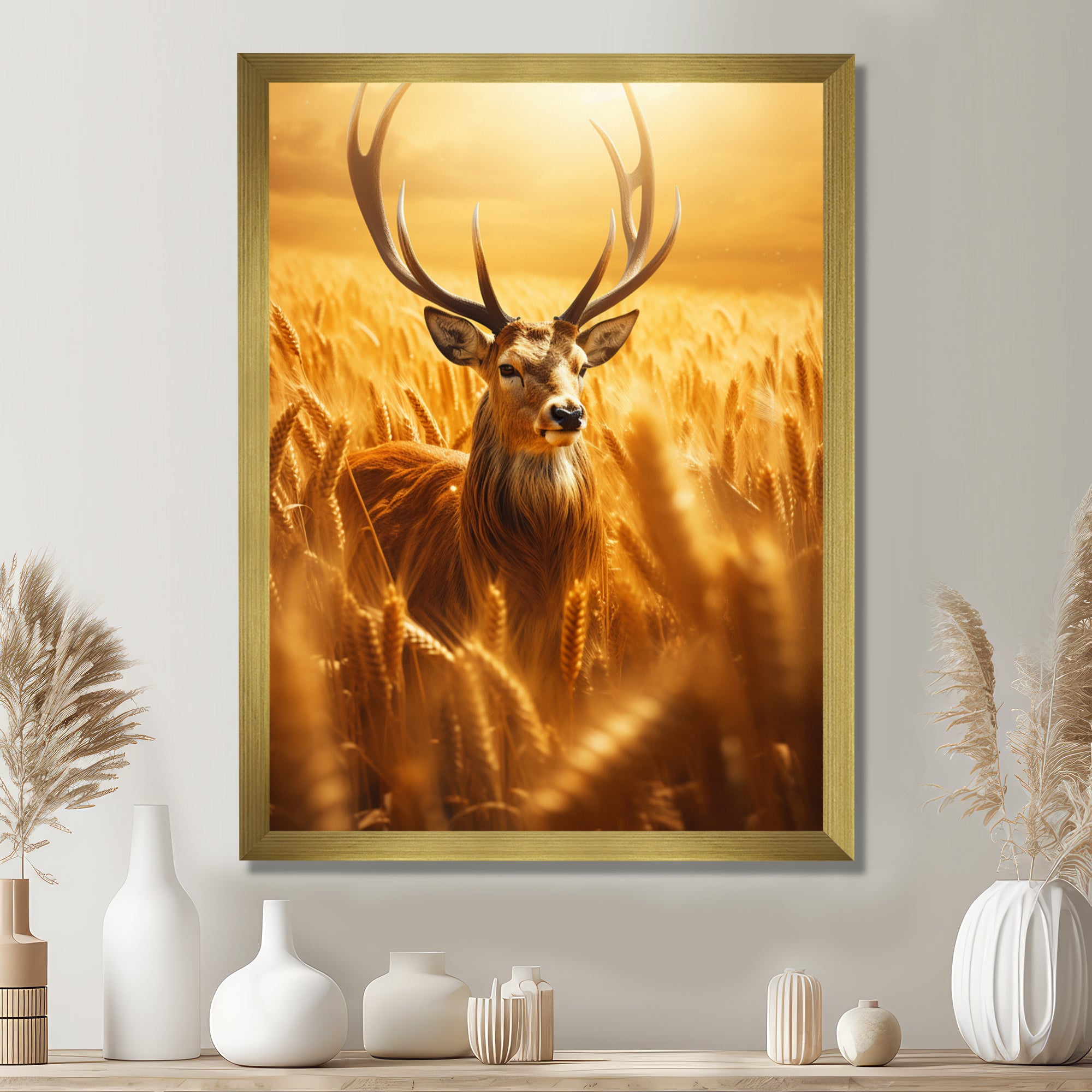 Noble Dear In Summer Wheatfields - Deer Landscape Framed Canvas Art