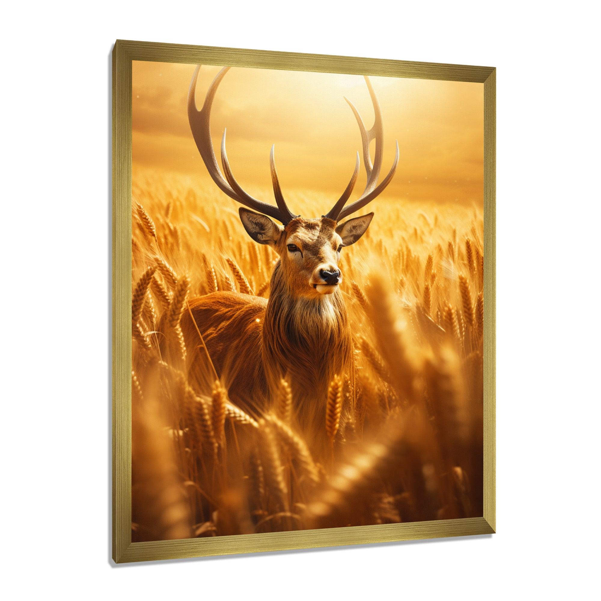 Noble Dear In Summer Wheatfields - Deer Landscape Framed Canvas Art
