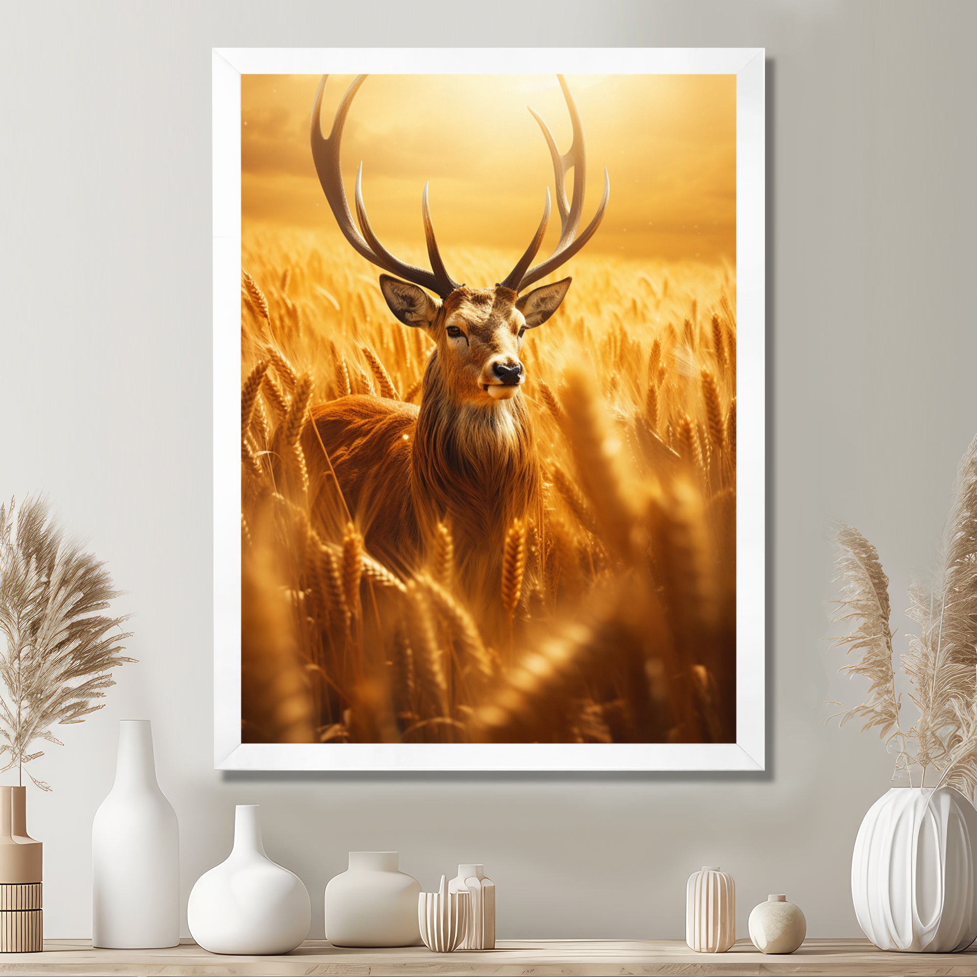 Noble Dear In Summer Wheatfields - Deer Landscape Framed Canvas Art
