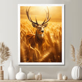 Noble Dear In Summer Wheatfields - Deer Landscape Framed Canvas Art