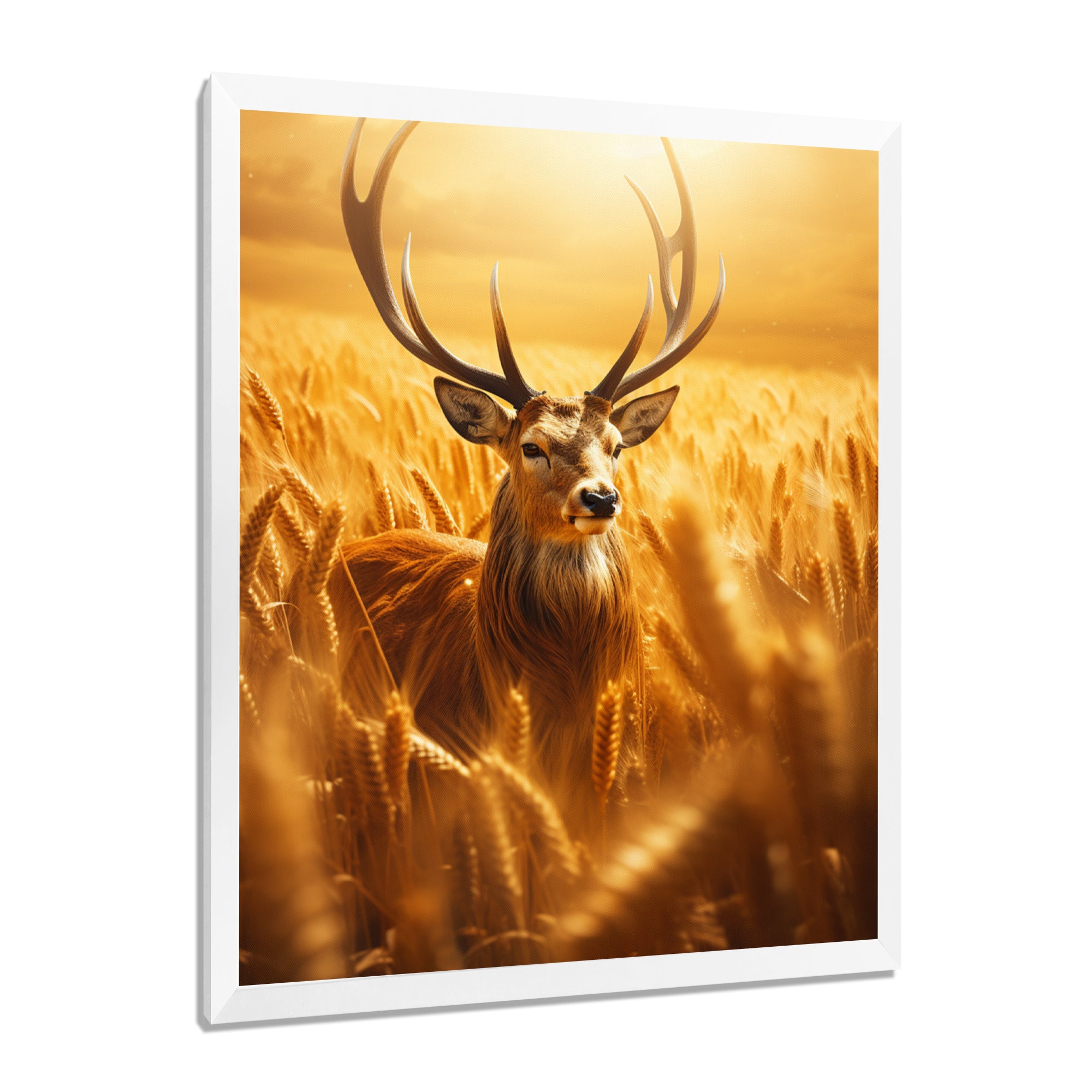 Noble Dear In Summer Wheatfields - Deer Landscape Framed Canvas Art