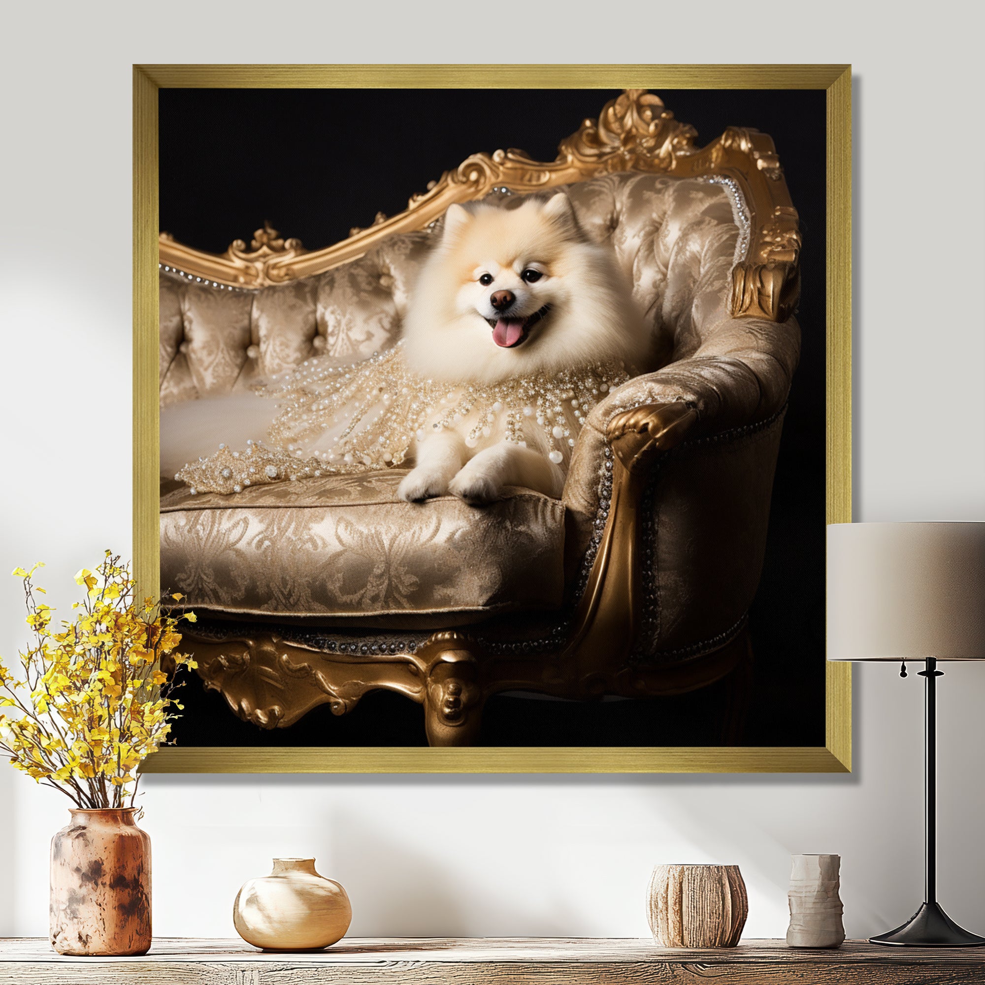 Adorable Pomeranian On Glam Couch - Dog Home Decor Art