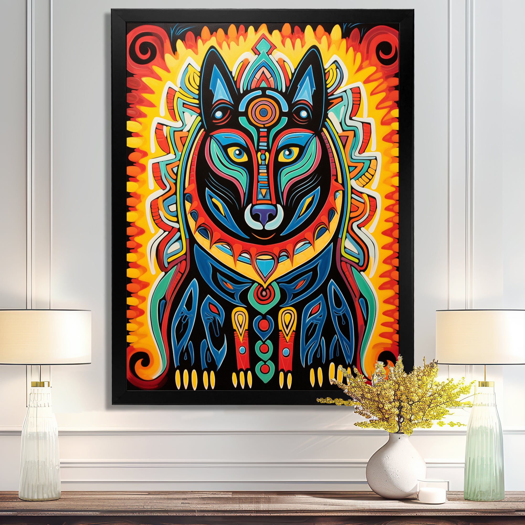 Radiant Boho Portrait Of Ethnic Black Dog - Multi-Color Dog Wall Art