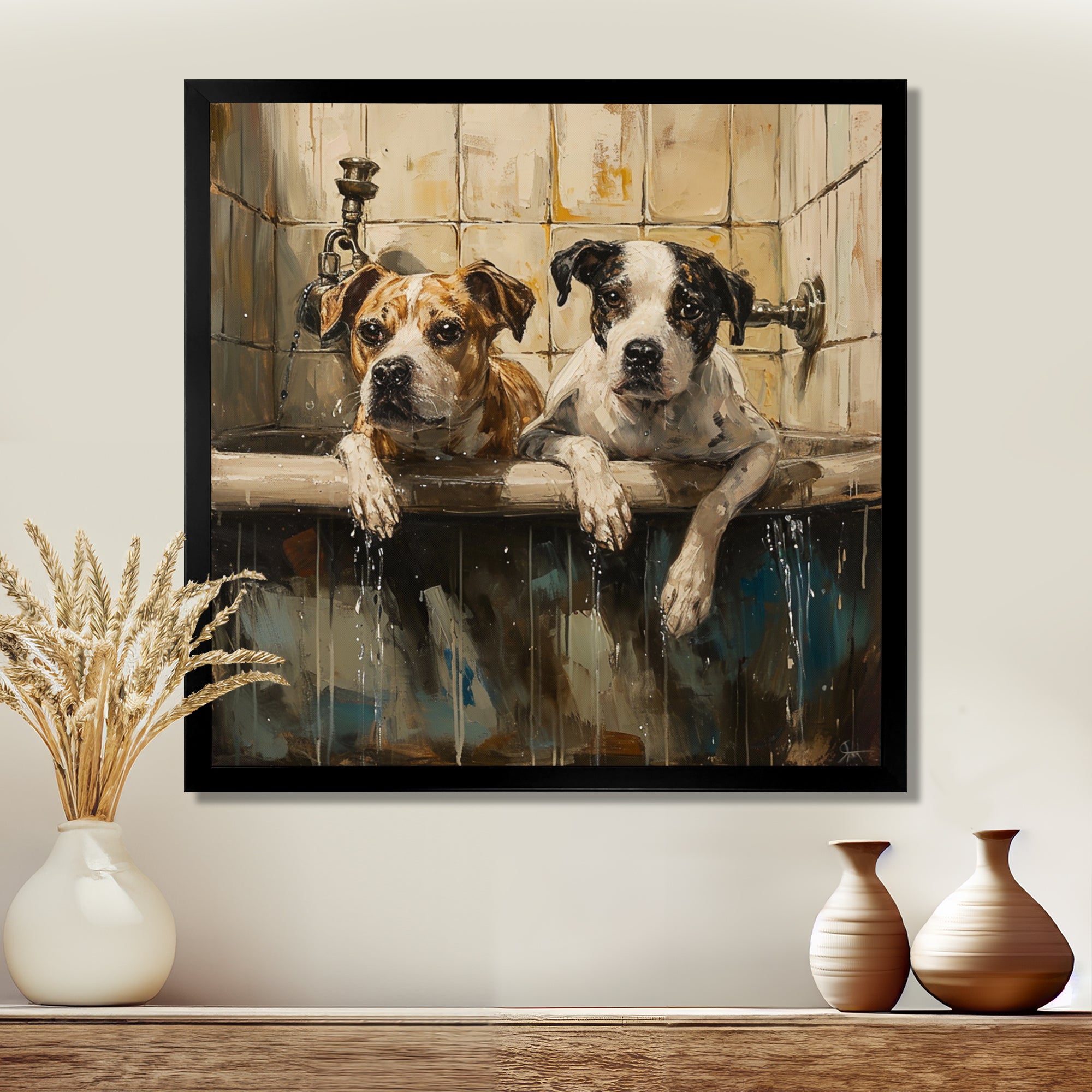 Two Dogs In The Bathtub Vintage - Brown Dog Bathroom Wall Art