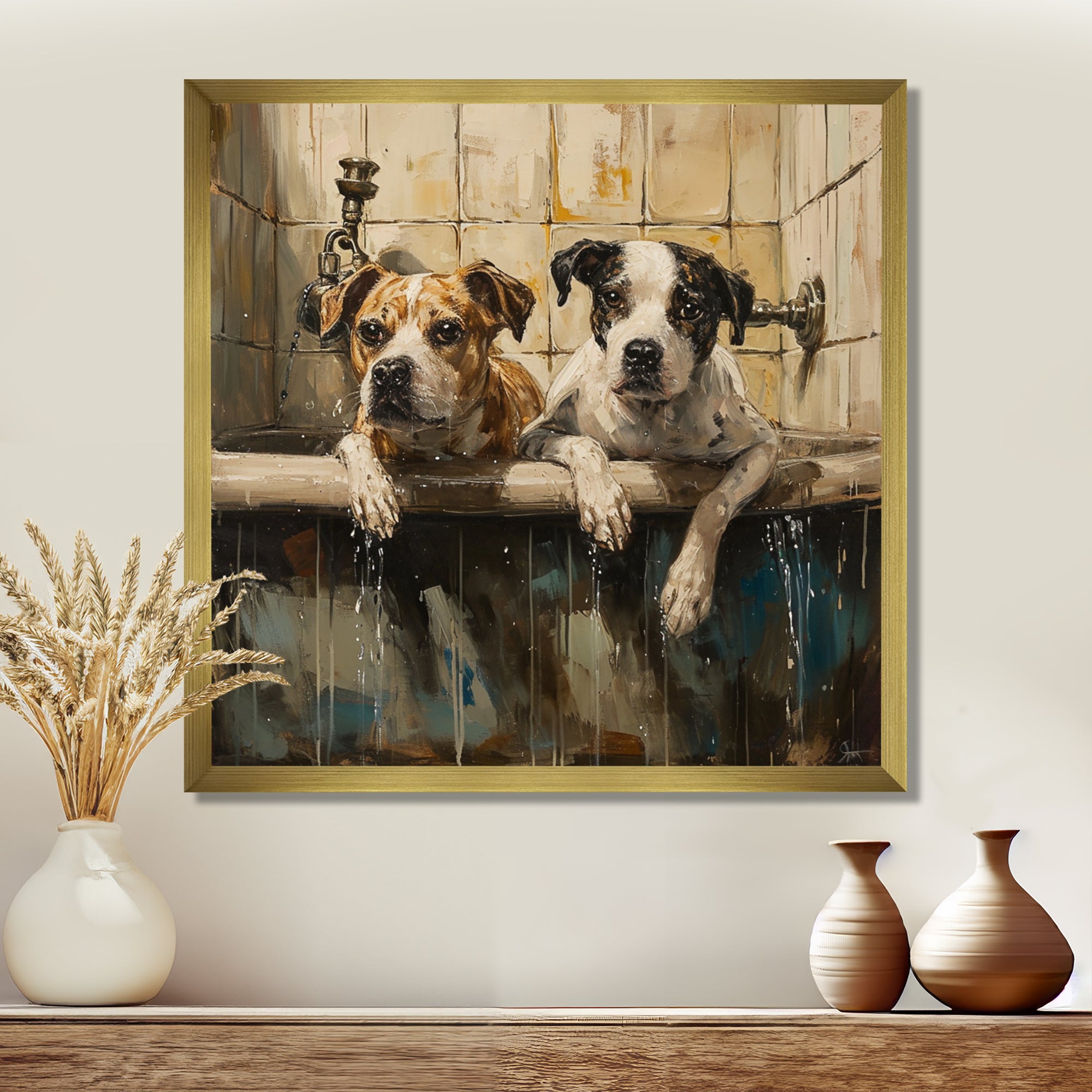 Two Dogs In The Bathtub Vintage - Brown Dog Bathroom Wall Art