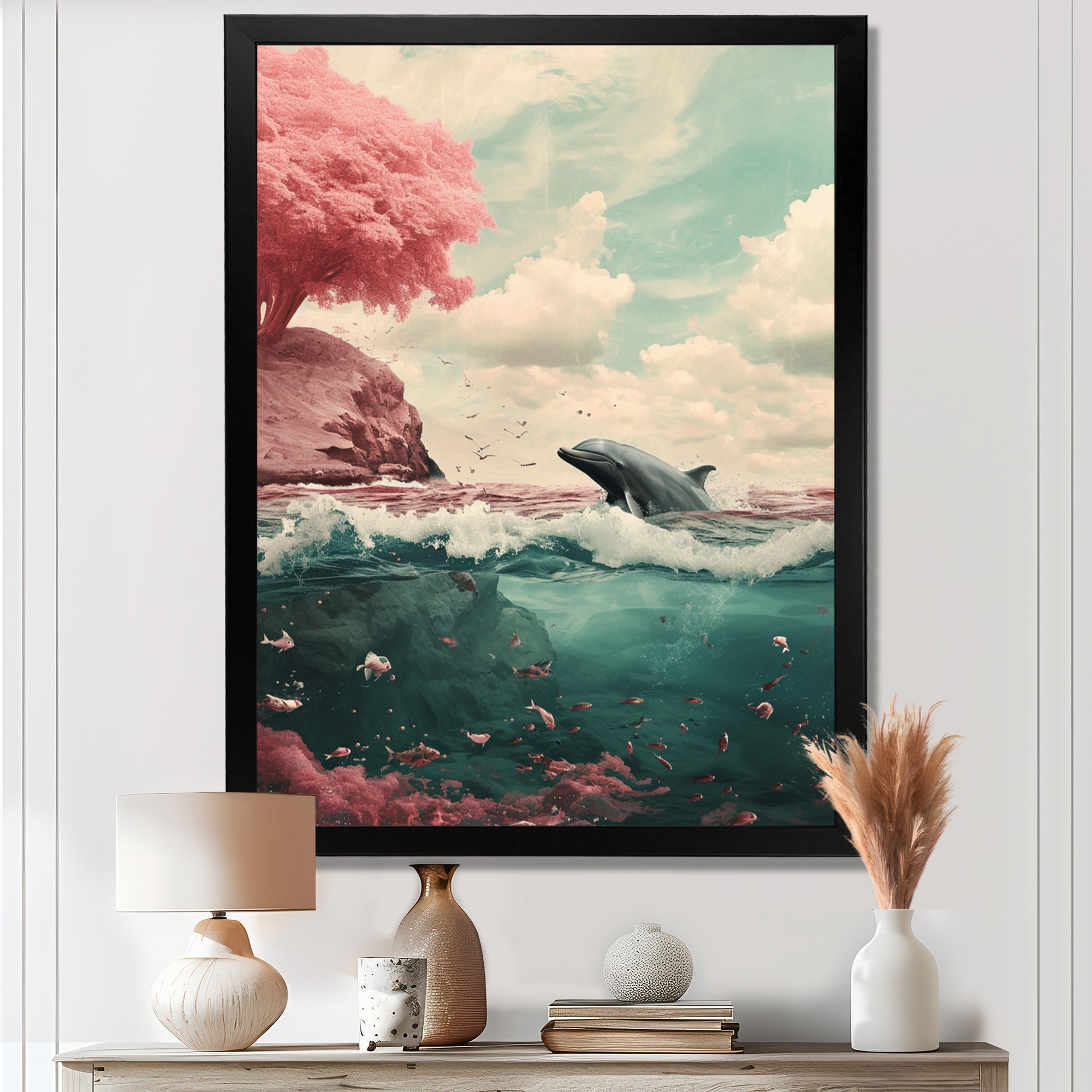 Dolphin In The Ocean By The Cherry Blossom Tree - Dolphin Framed Canvas Art