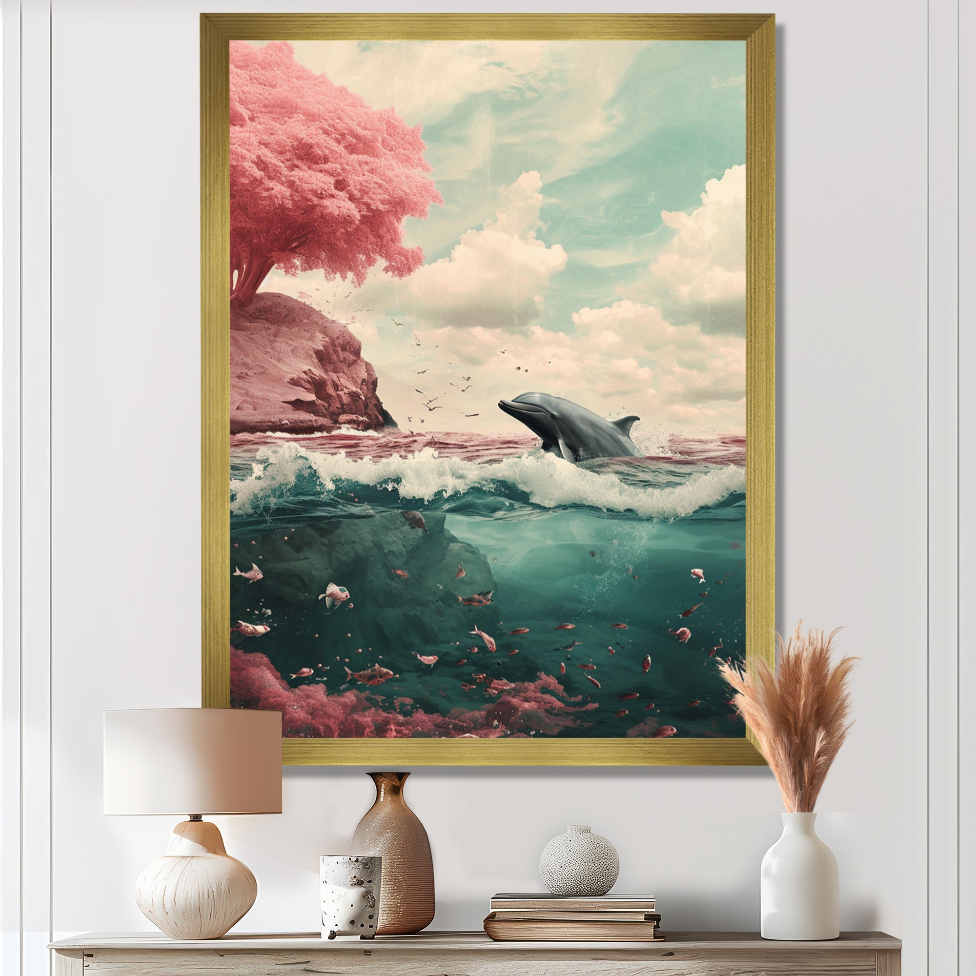 Dolphin In The Ocean By The Cherry Blossom Tree - Dolphin Framed Canvas Art