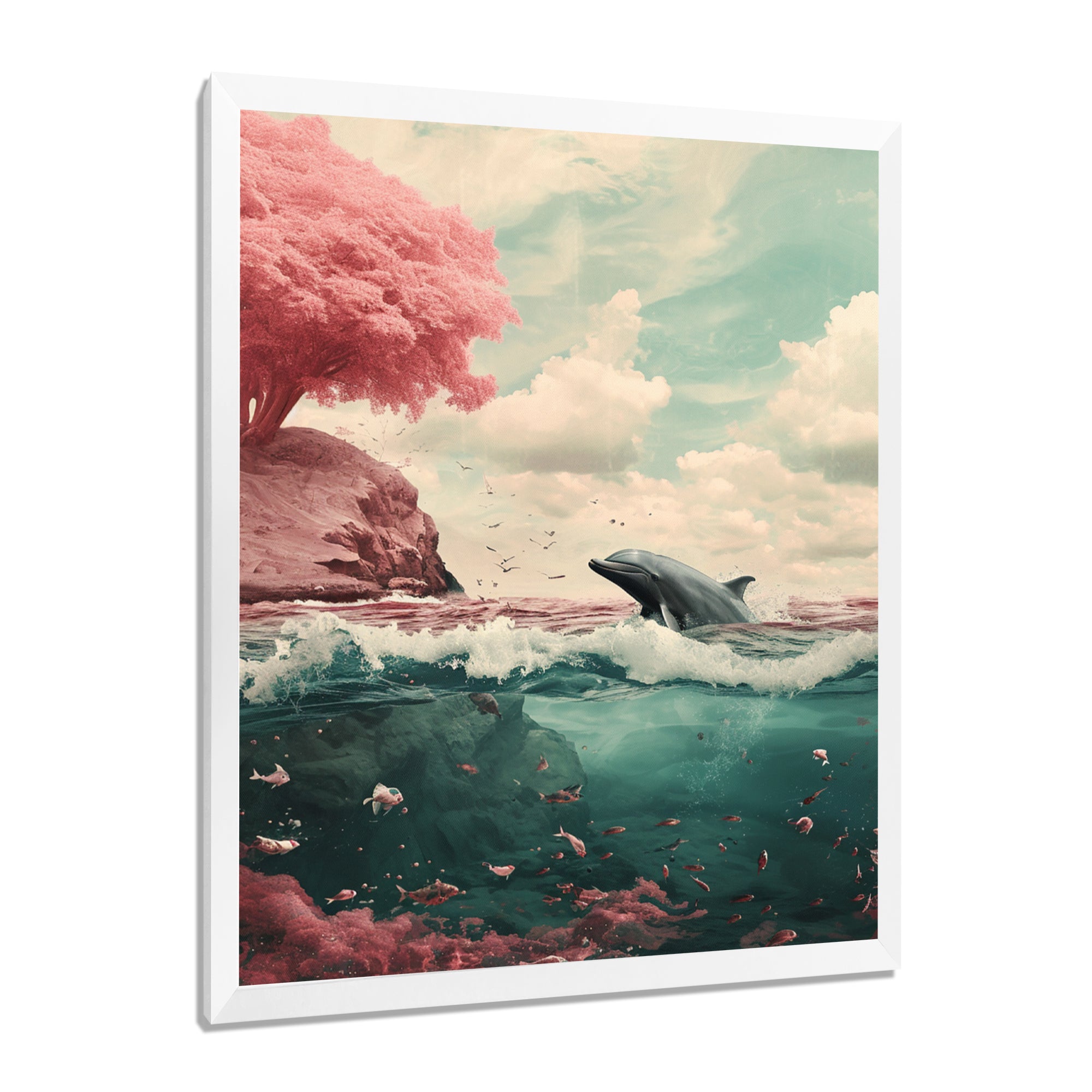 Dolphin In The Ocean By The Cherry Blossom Tree - Dolphin Framed Canvas Art