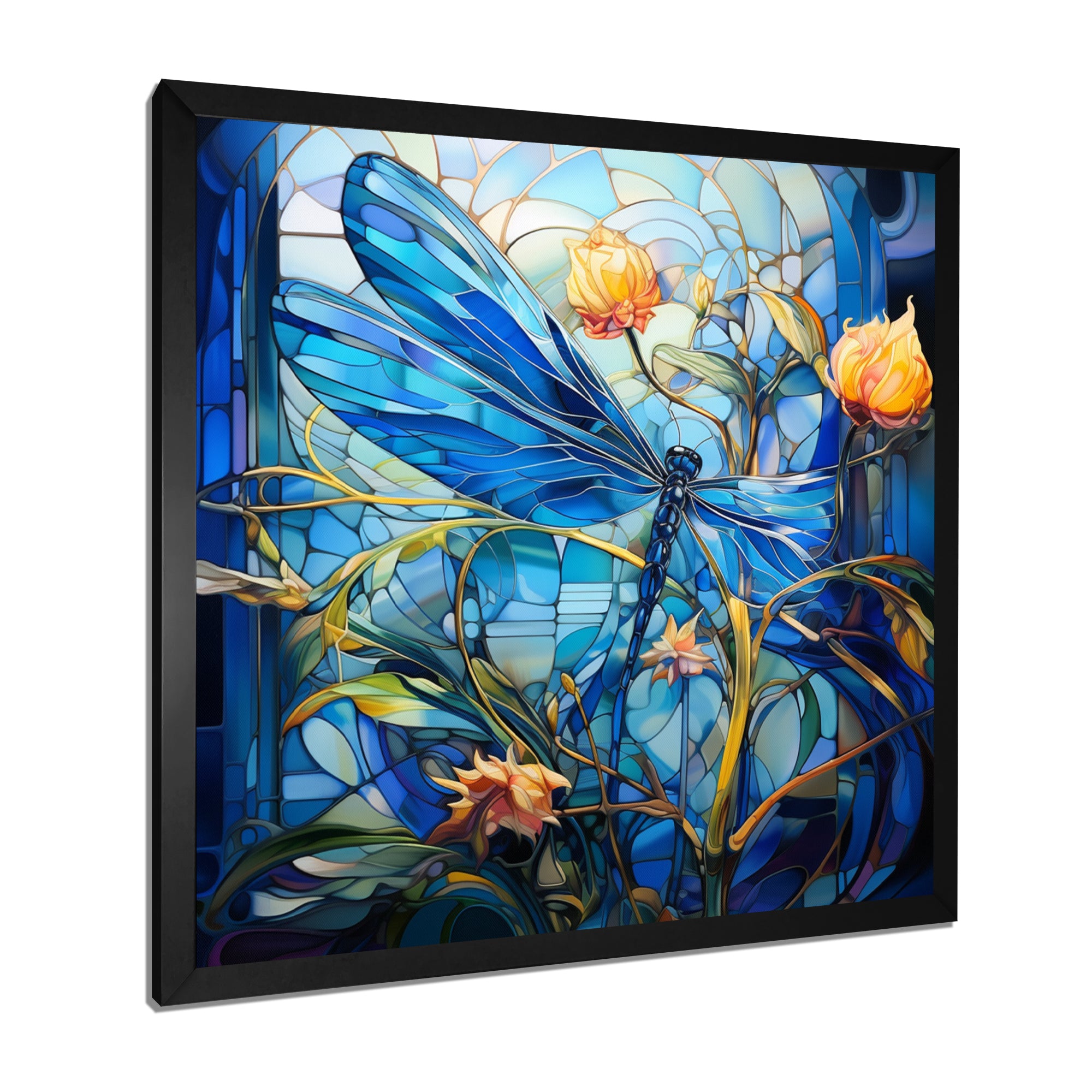 Blue Dragonfly Yellow Flowers - Dragonfly Bedroom Wall Art