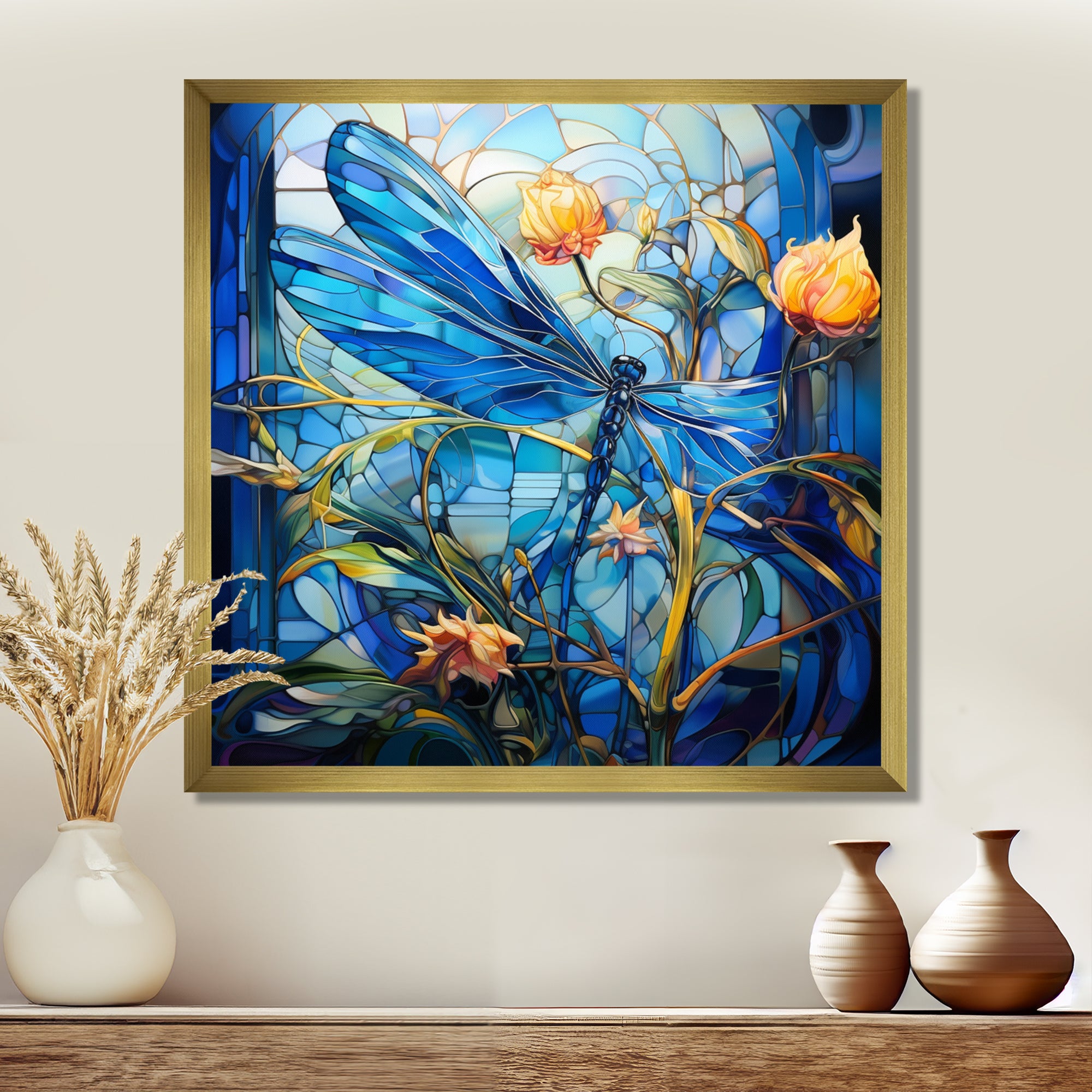 Blue Dragonfly Yellow Flowers - Dragonfly Bedroom Wall Art