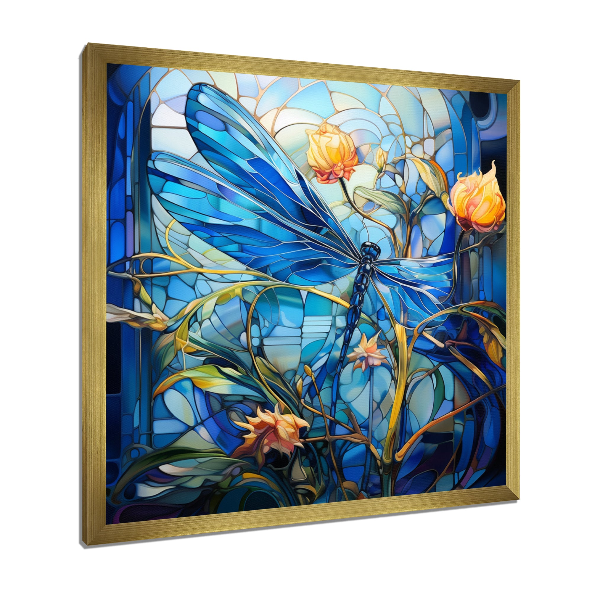 Blue Dragonfly Yellow Flowers - Dragonfly Bedroom Wall Art