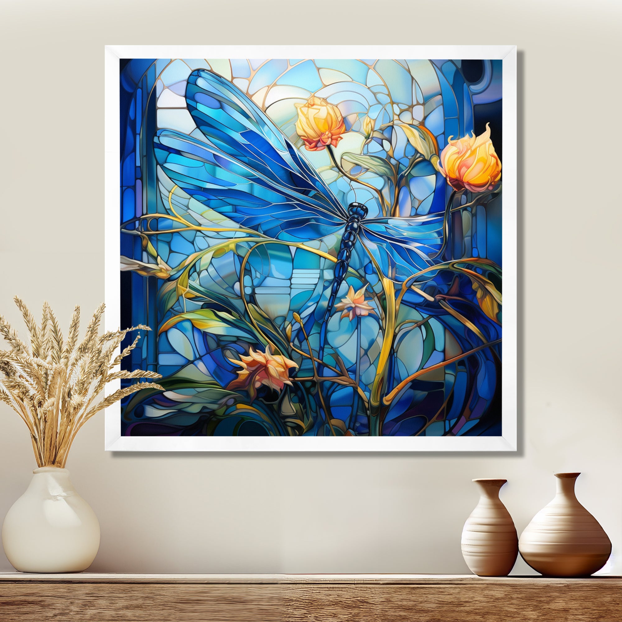 Blue Dragonfly Yellow Flowers - Dragonfly Bedroom Wall Art