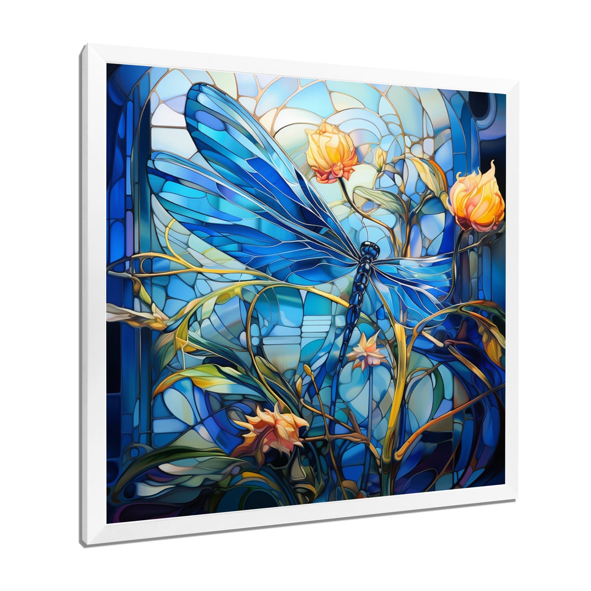 Blue Dragonfly Yellow Flowers - Dragonfly Bedroom Wall Art