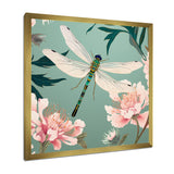 Retro Illustration Of Dragonfly Green Pink - Dragonfly Canvas Wall Art