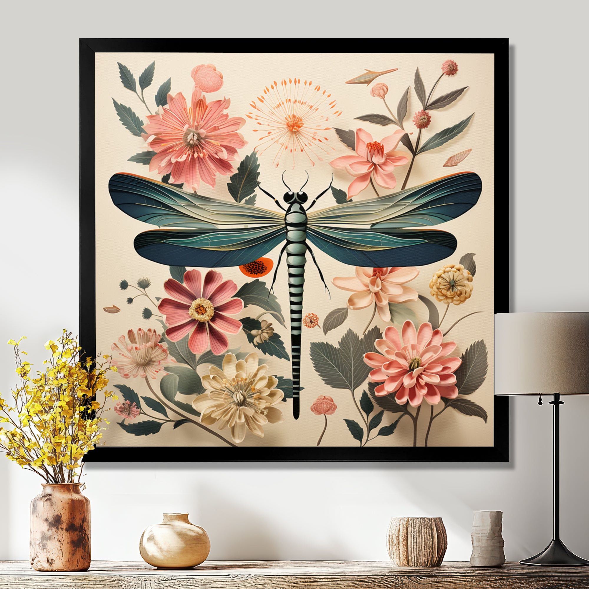 Vintage Illustration Of Dragonfly Green Pink - Dragonfly Canvas Wall Art