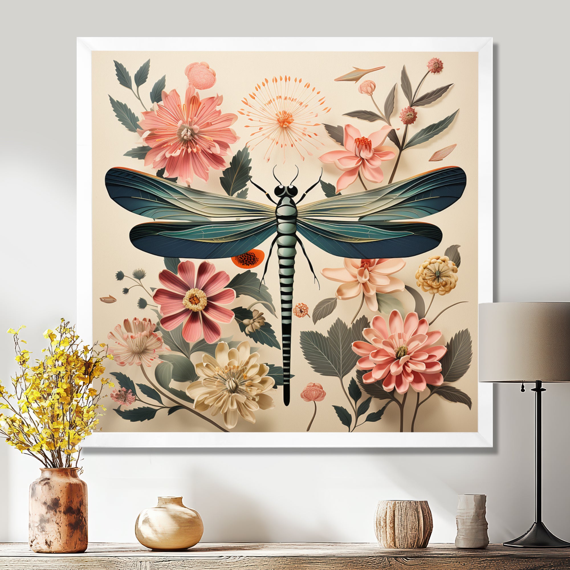 Vintage Illustration Of Dragonfly Green Pink - Dragonfly Canvas Wall Art