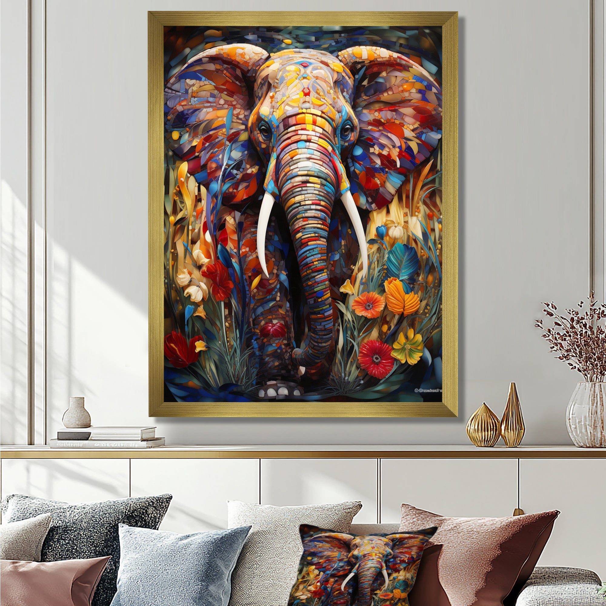 Colorful Elephant With Blooming Flowers - Elephant Fashion Wall Art Prints