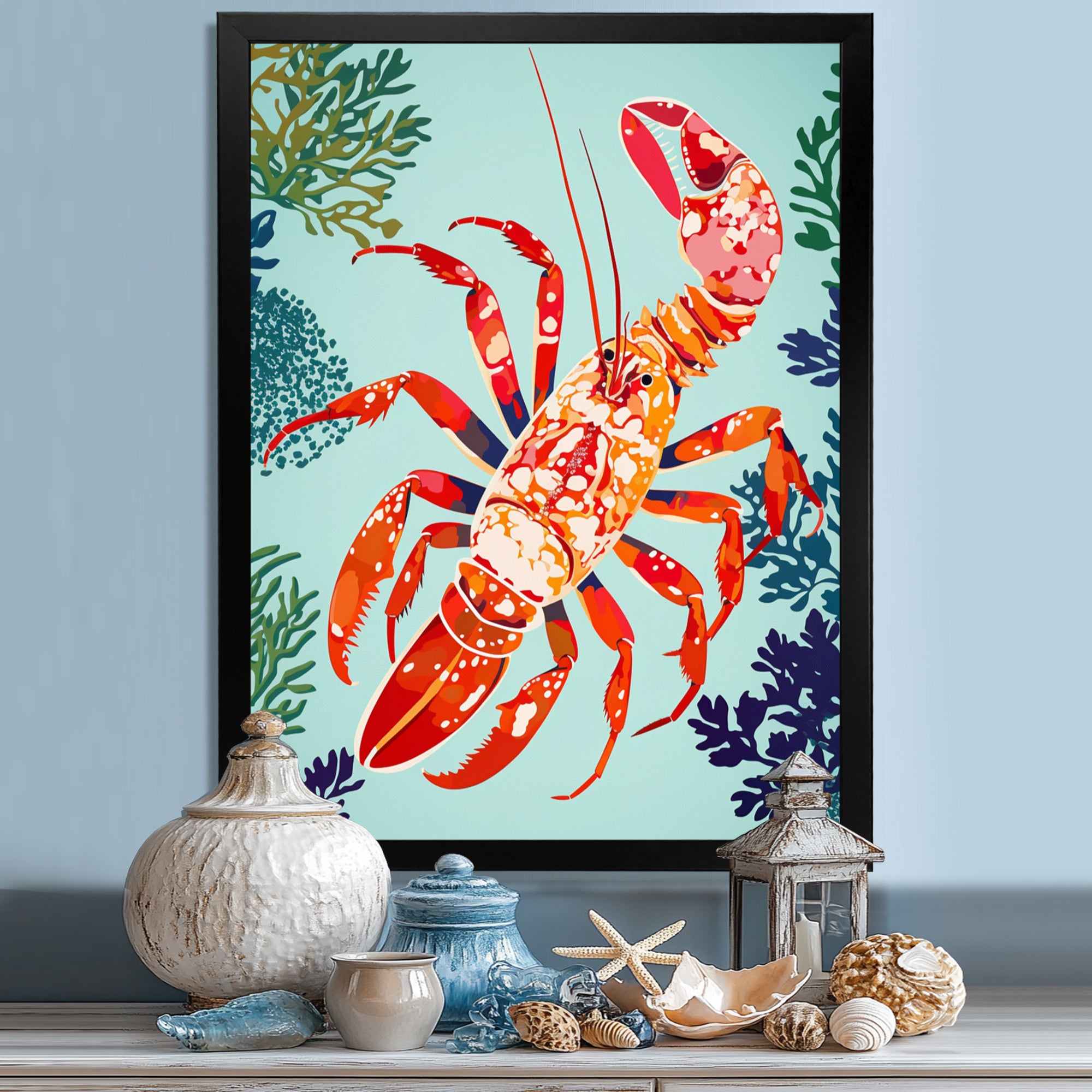 Deep Sea Lobster Retro Illustration - Lobster Large Canvas Wall Art