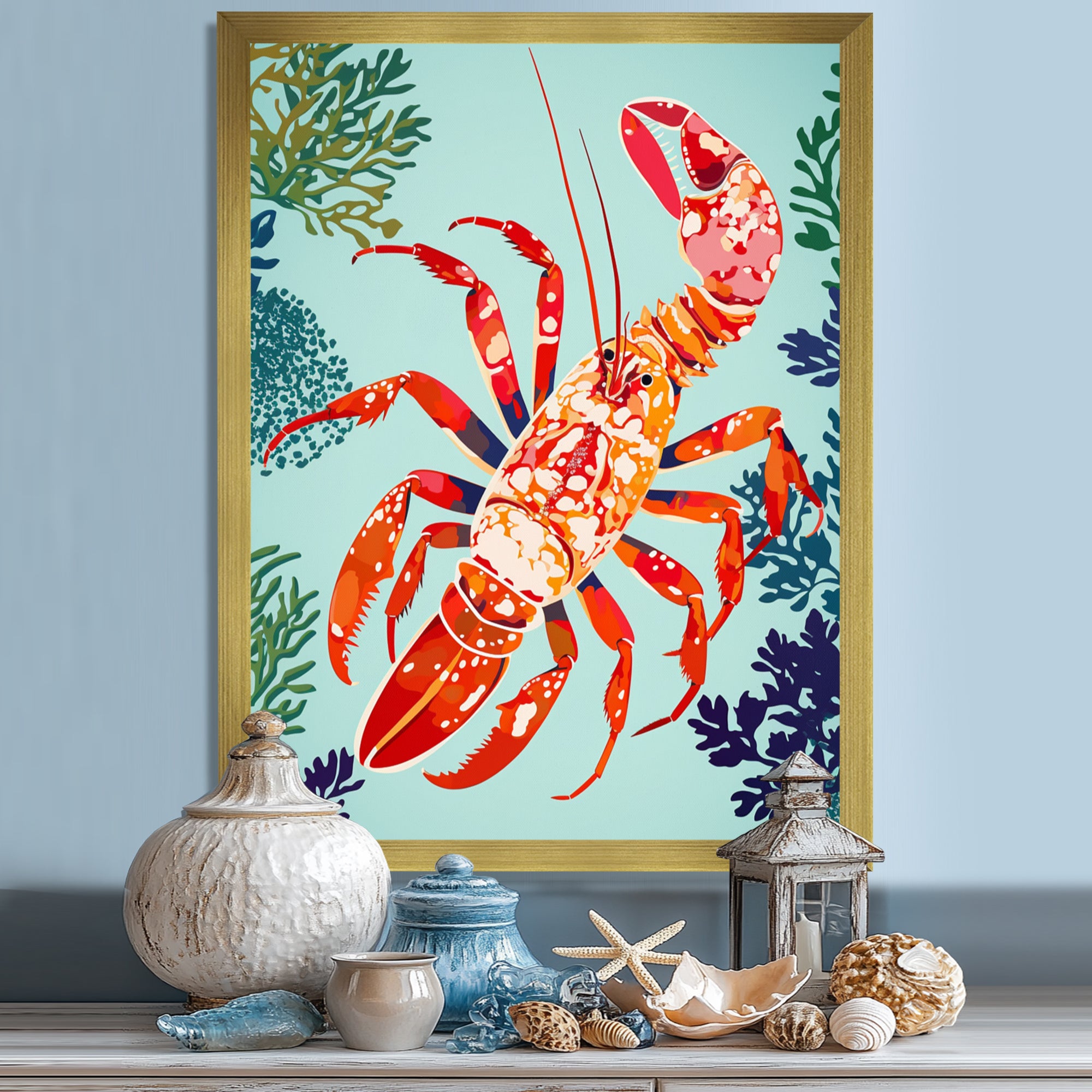 Deep Sea Lobster Retro Illustration - Lobster Large Canvas Wall Art