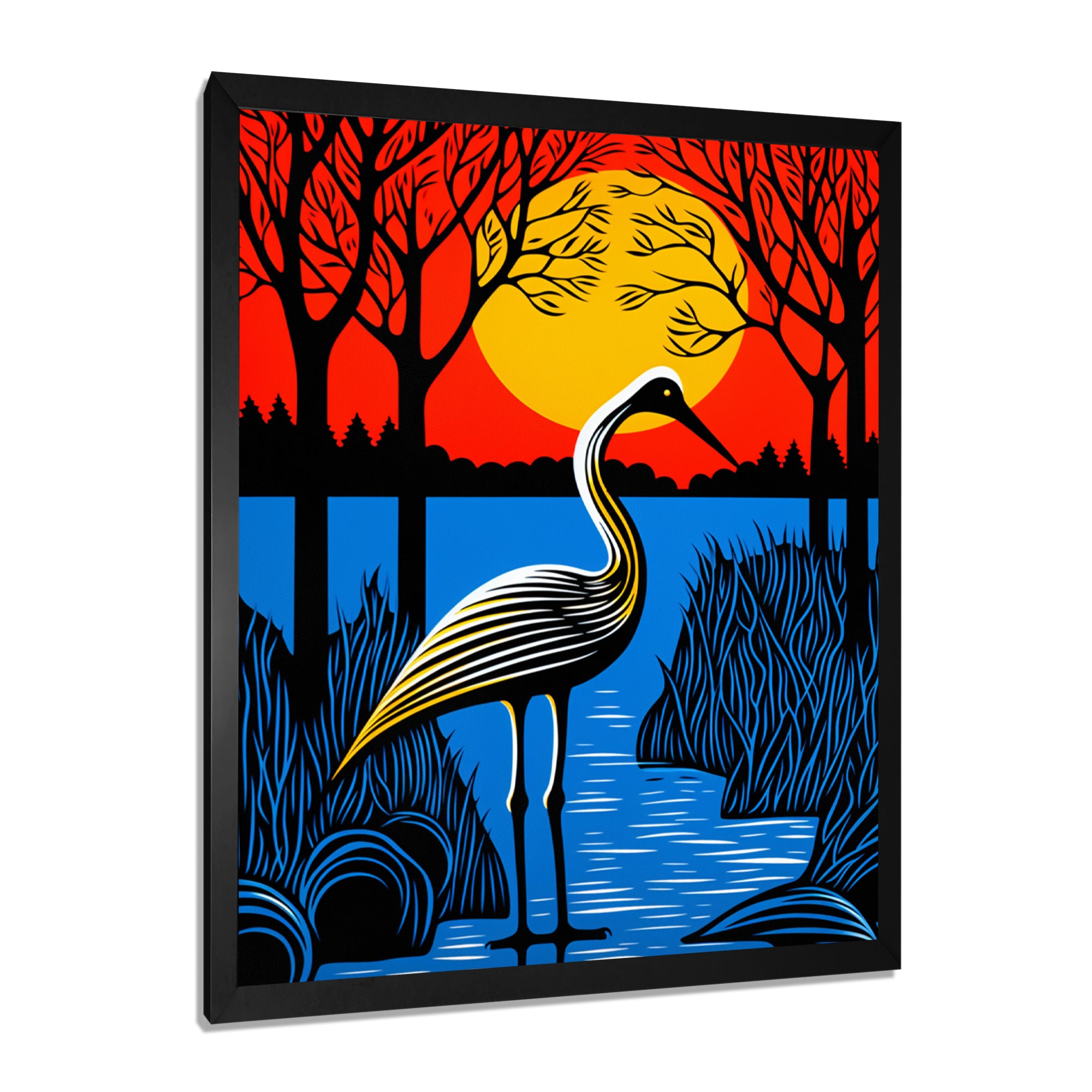 Stork By The Full Moon River - Pelican Canvas Wall Art
