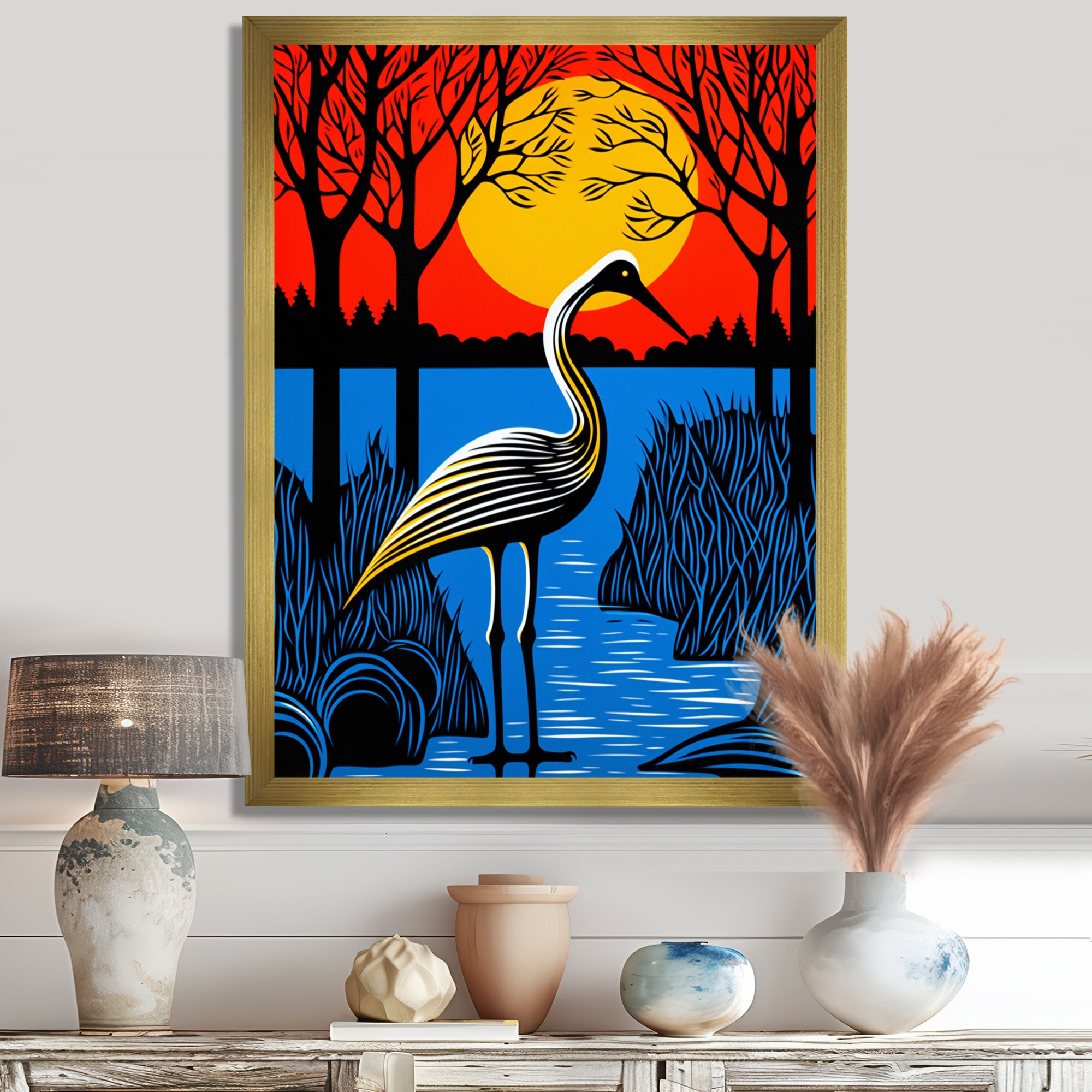 Stork By The Full Moon River - Pelican Canvas Wall Art