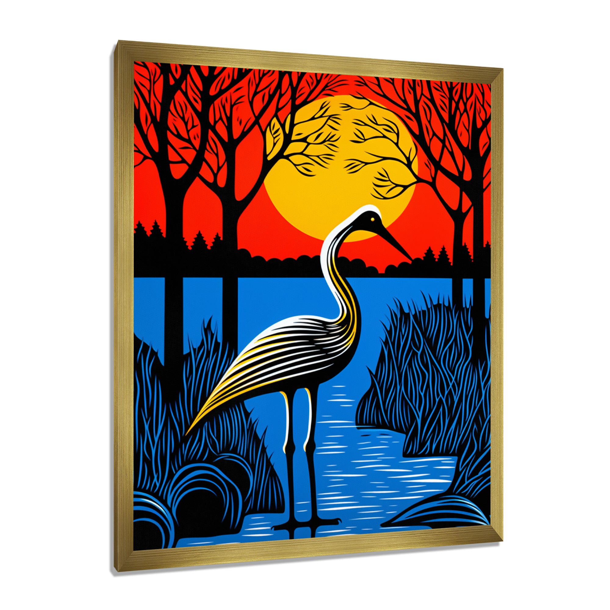 Stork By The Full Moon River - Pelican Canvas Wall Art
