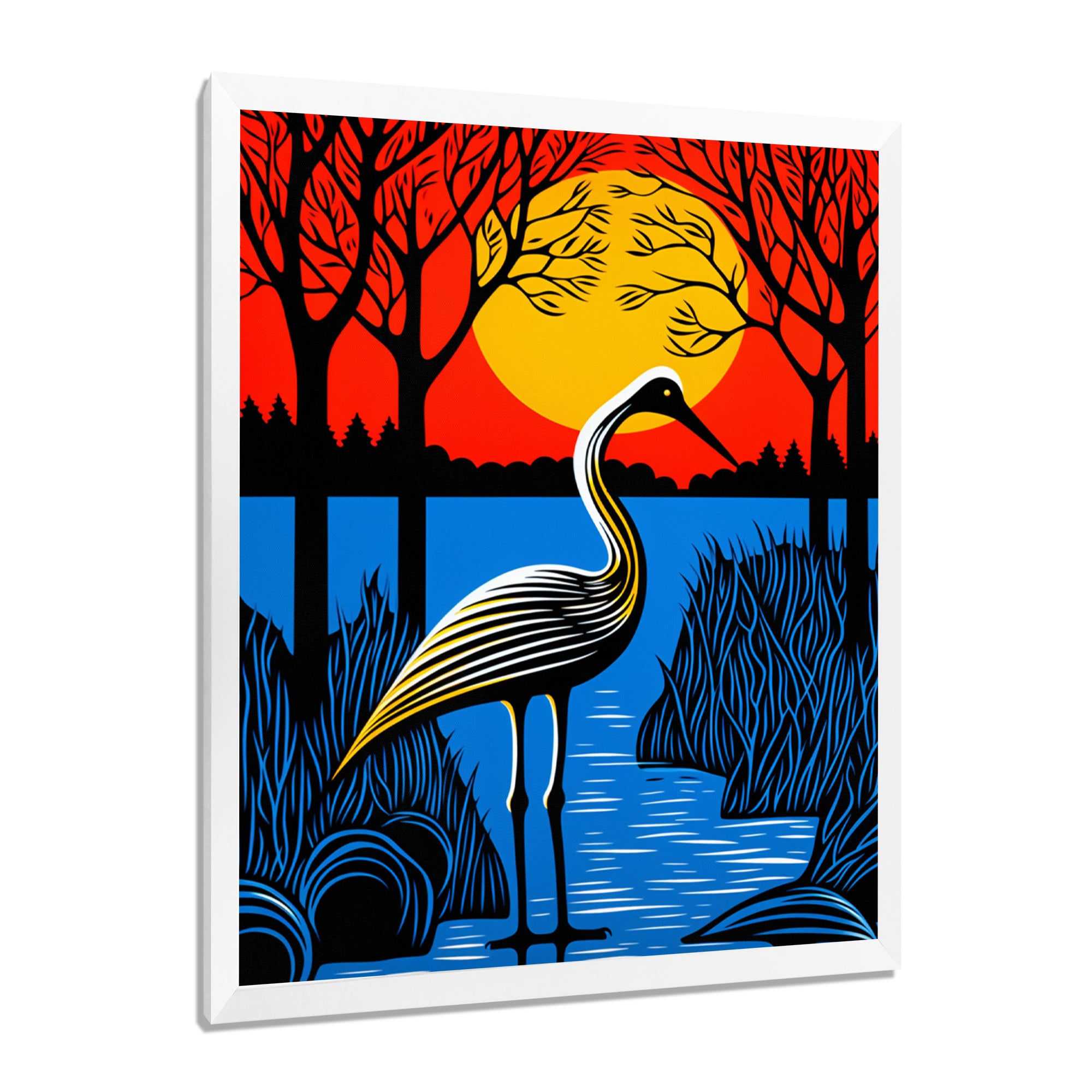 Stork By The Full Moon River - Pelican Canvas Wall Art