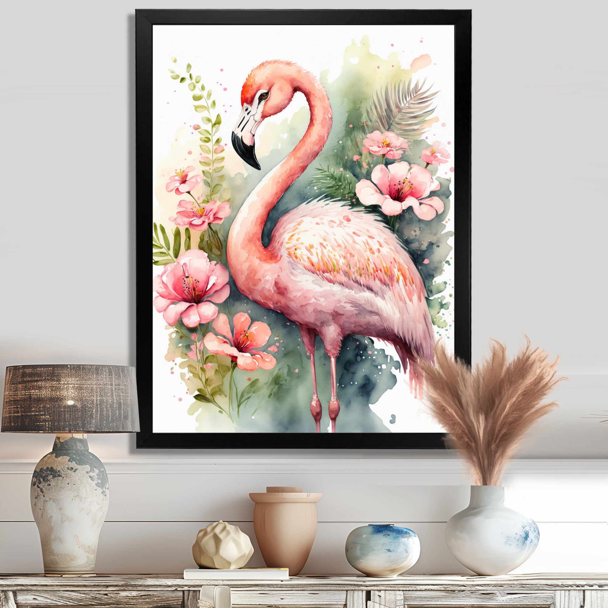 Pink Flamingo Floral Watercolor - Flamingo Wall Art Prints