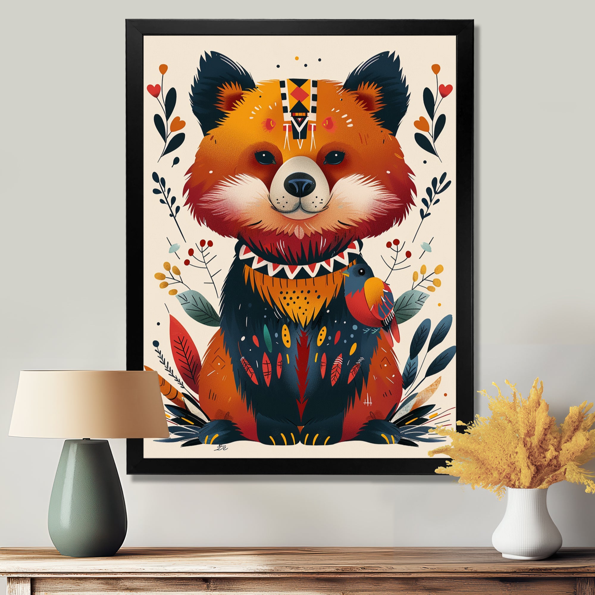Cute Boho Bear Retro Botanical - Bear Wall Art Prints