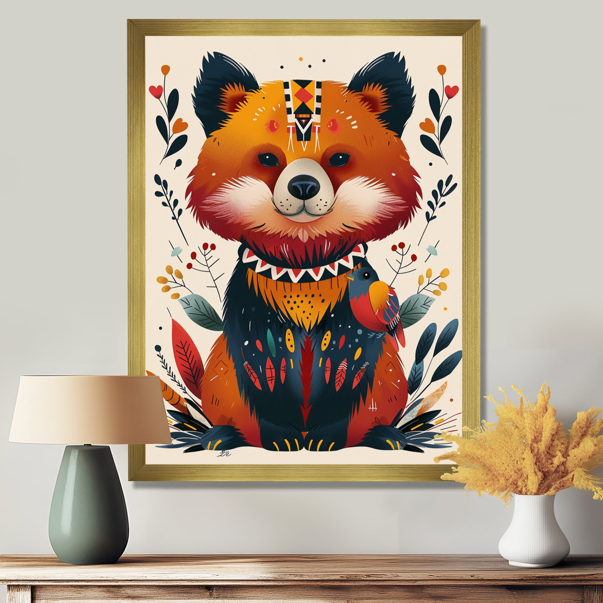 Cute Boho Bear Retro Botanical - Bear Wall Art Prints
