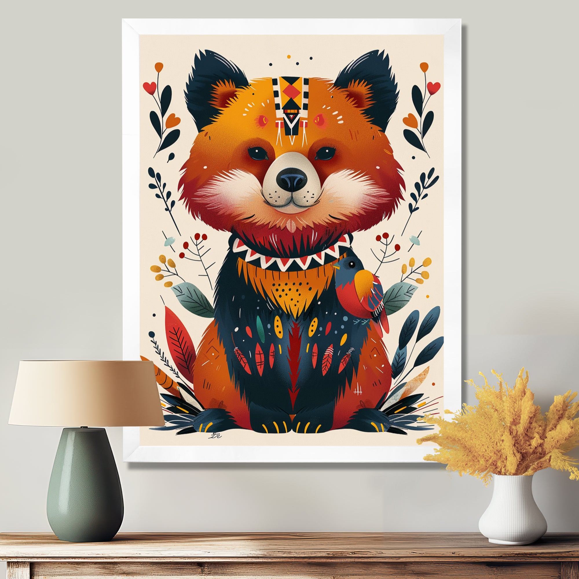 Cute Boho Bear Retro Botanical - Bear Wall Art Prints